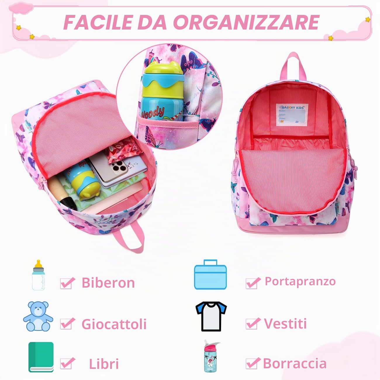VASCHY Zaino Bambina, Zaino Scuola Elementare Bambina Leggera Zainetto Asilo Bambino Zaino Grande Zaino Bimba Ragazza Con Fascia Toracica Zaino da Viaggio Regali