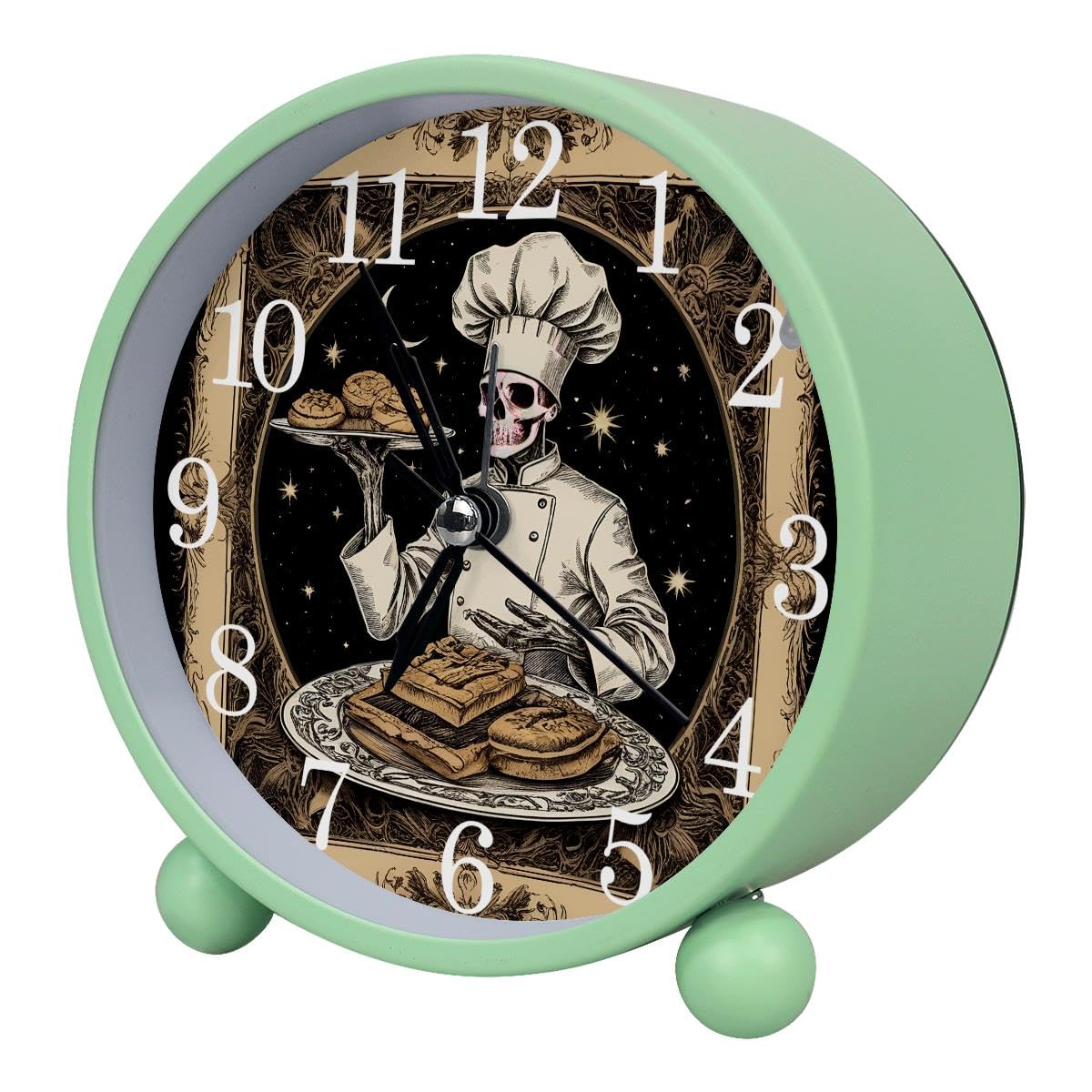 Luoweisi Alarm Clock Gothic Skeleton, Silent Non-Ticking with Night Light, Round Metal Alarm Clock for Office, Battery Operated, Bedroom, Elderly, Adults, Children, Student Gifts