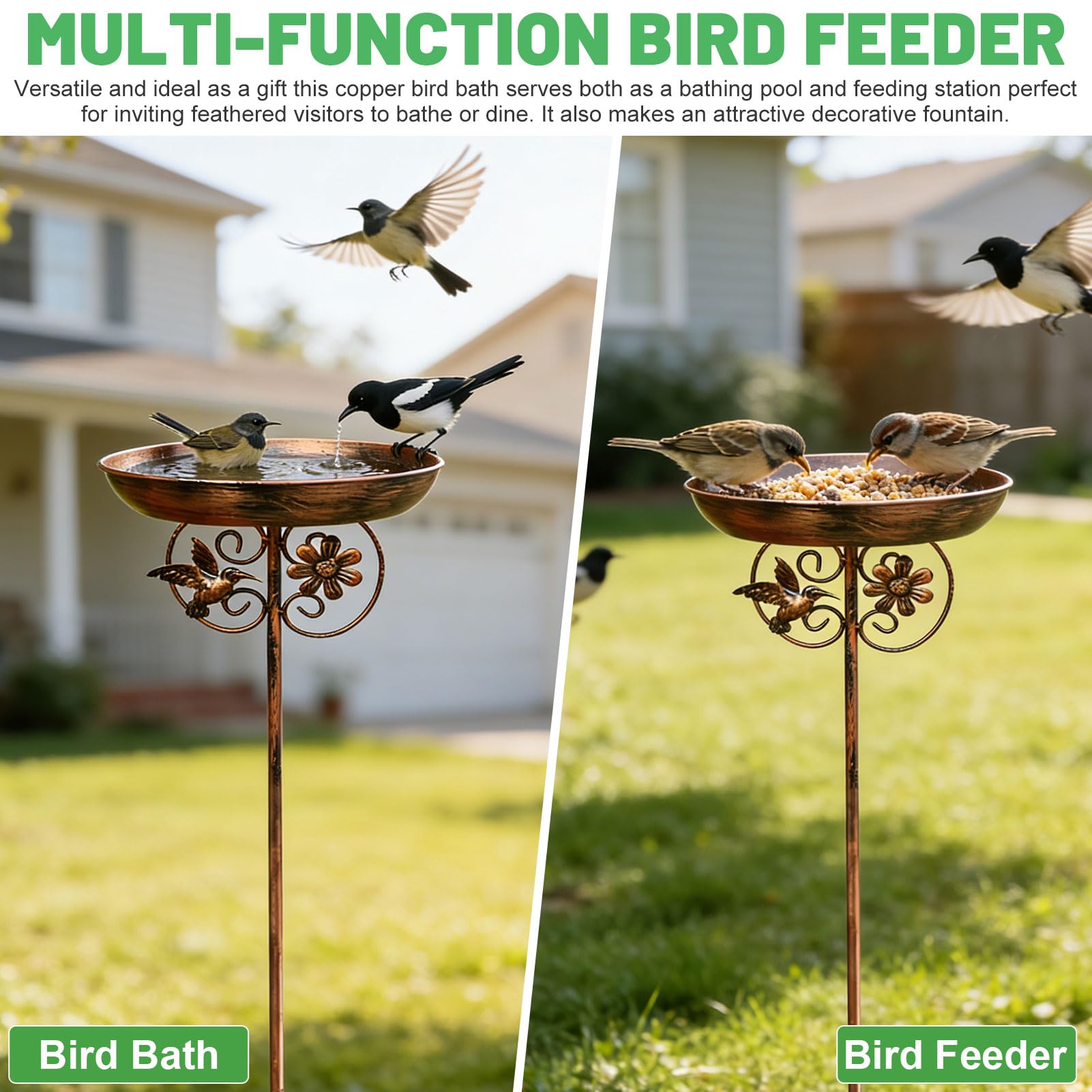 Vogeltränke Stehend Metall Vintage, Vogelbad Garten, 80x25cm, Wassertränke für Vögel, Vogeltränke Winterfest Frostsicher mit Erdspieß, Vogelbad Stehend aus Gusseisen, Antike Bronze (A)