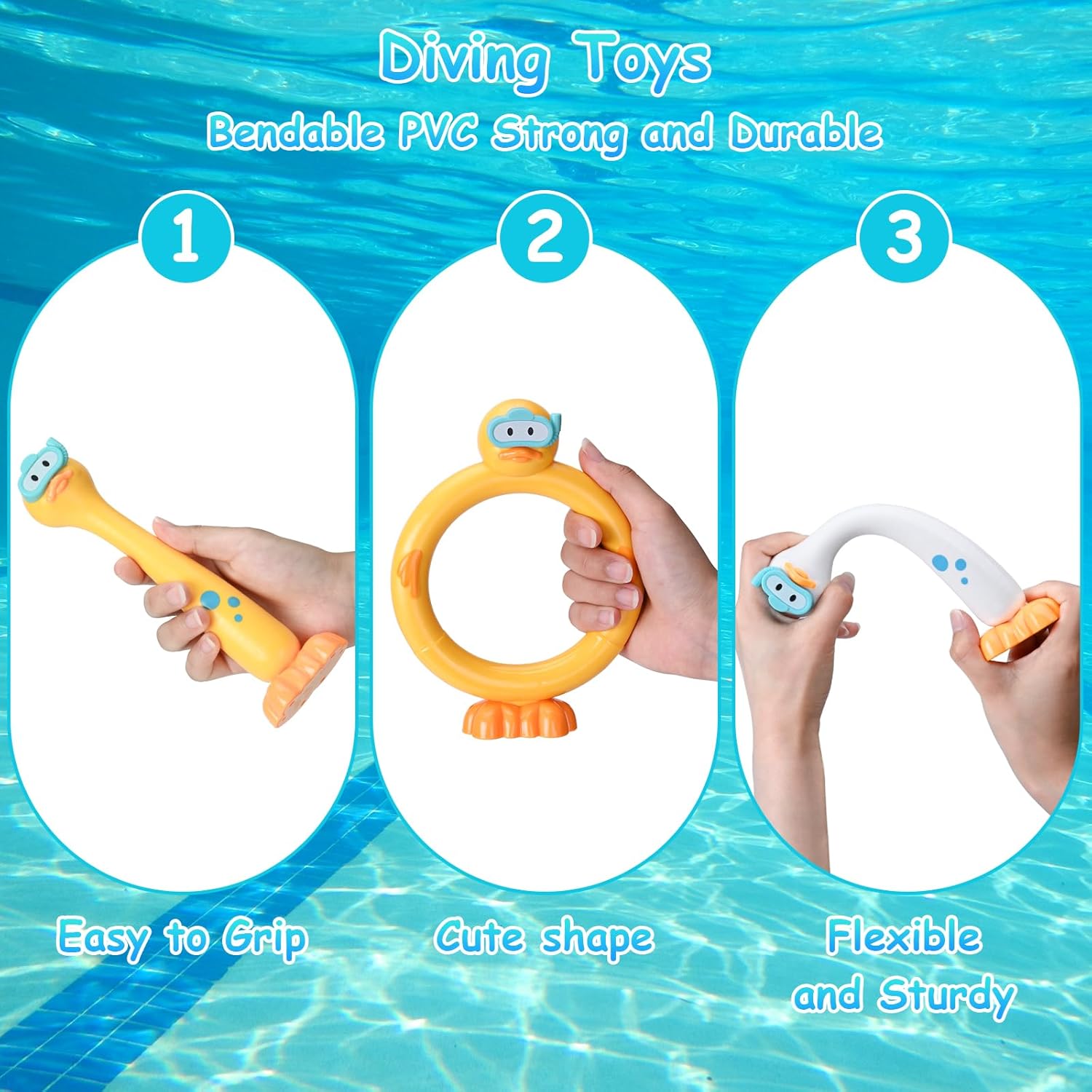 3PCS Swimming Duck Pool Diving Toys Sticks Underwater Summer Pool Sinking Toys for Kids Ages 3-12 Pool Game Dive Swim Stick for Boys and Girls
