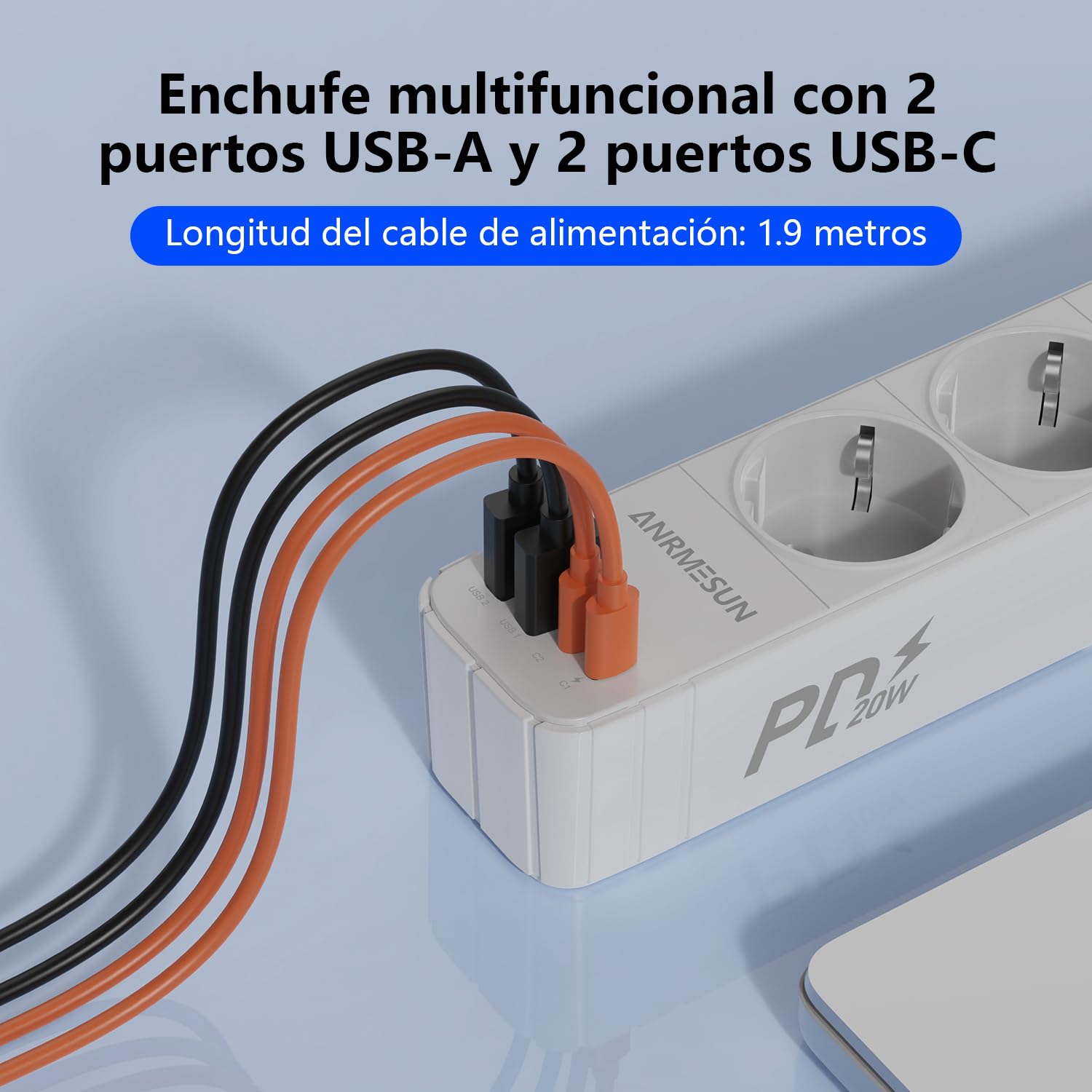 Regletas Enchufes con 3 Tomas y Interruptor, Enchufe Múltiple de Carga 2 USB A y 2 USB C (PD 20W), Protección Sobretensión, Cable 1.9m, Ideal para Viajes y Hogar — view 4