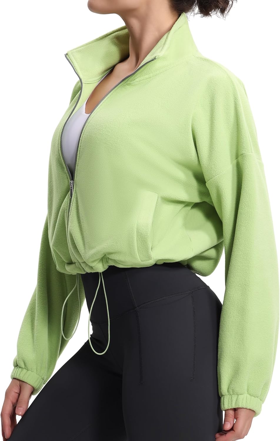 THE GYM PEOPLE Women's Fleece Cropped Jacket Full Zip Stand Collar Workout Short Sherpa Coats with Pockets Drawstring Hem - Image 7
