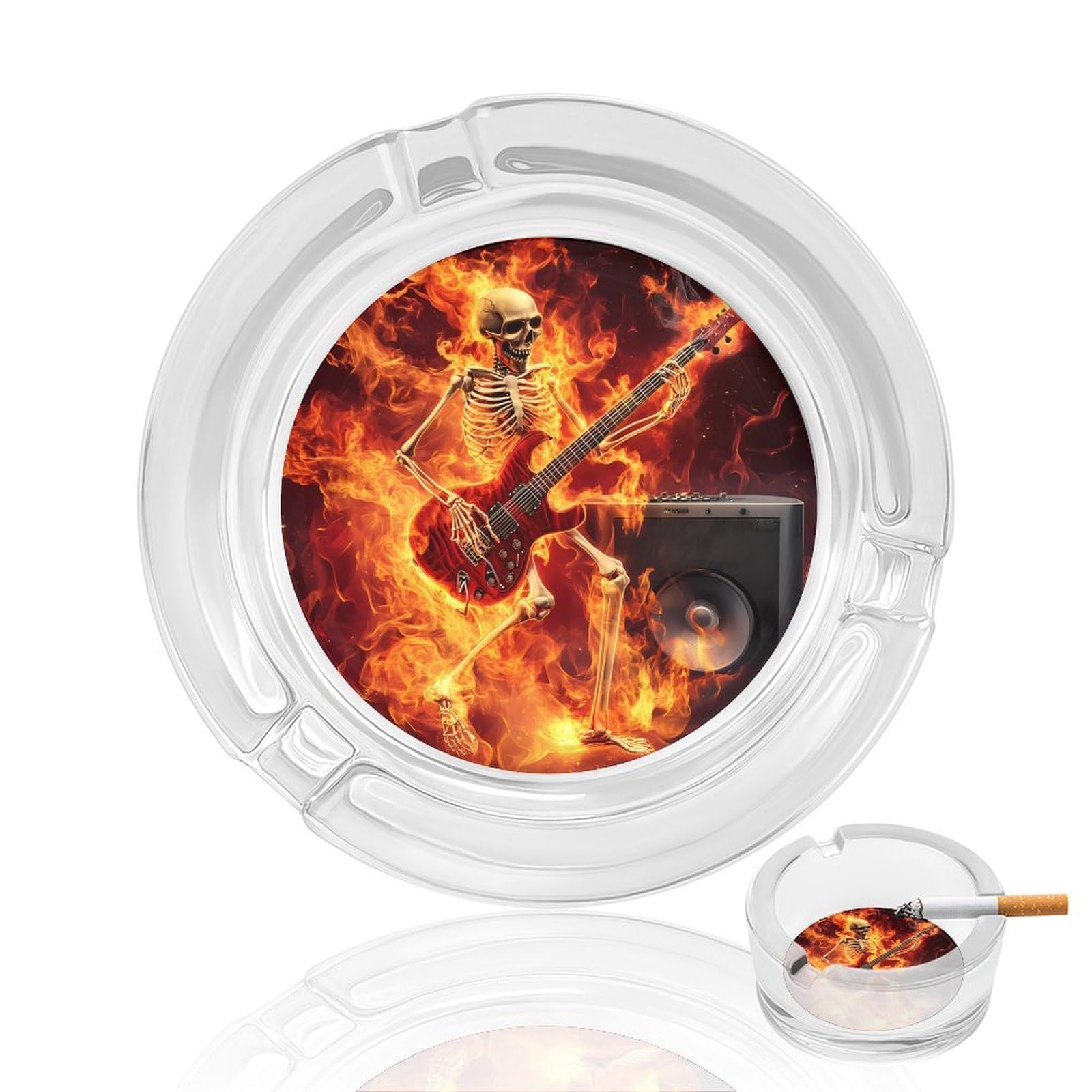 Rocks-Heavy Metal Electric Guitar Ashtray Portable Round Glass Outdoor Ash Tray for Home Office Garden Pub