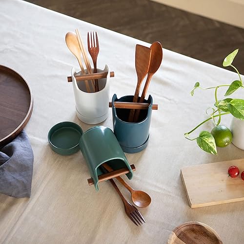 Miniatura 7 de Soporte para utensilios de cocina para cubiertos, cubiertos, cubiertos y accesorios de cocina, madera y cerámica, encimera y organizador de mesa