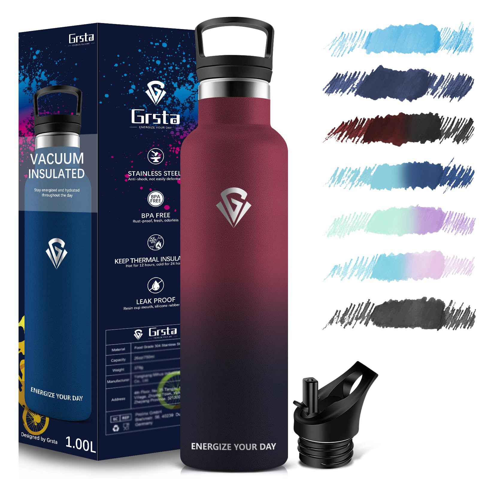 Grsta 1 Litre Sports Water Bottle - Stainless Steel, Leak-Proof, With Straw, Thermos Flask, BPA-Free, For Fitness, Outdoor