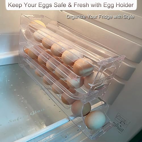Miniatura 5 de Soporte para huevos para refrigerador, dispensador de huevos de 4 capas, bandeja de huevos con ruedas automáticas, contenedor de 30 huevos, rodillo
