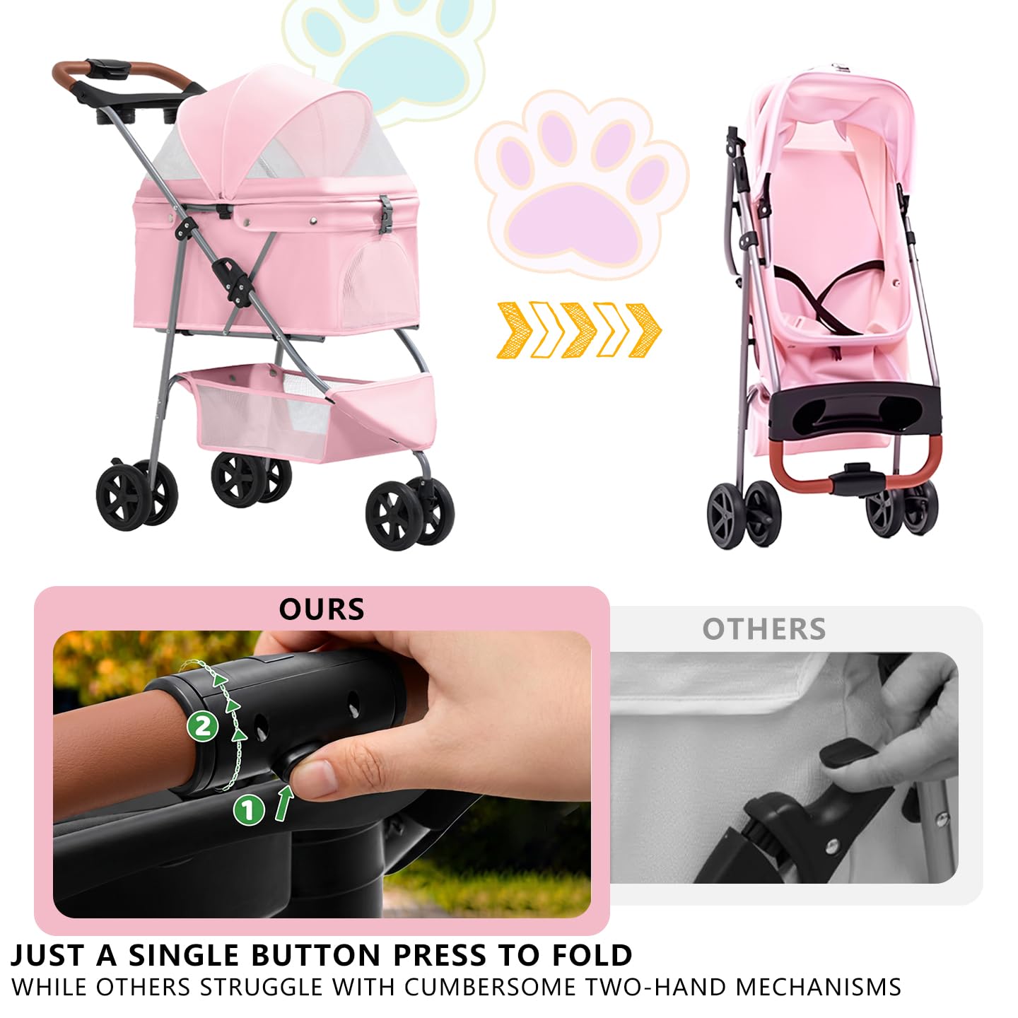 Pet Stroller for Small/Medium Dogs and Cats, Foldable 3 Wheel Jogger with One-Click Fold, Breathable Mesh, Storage Basket, Cup Holder, Weather Cover, (Pink)