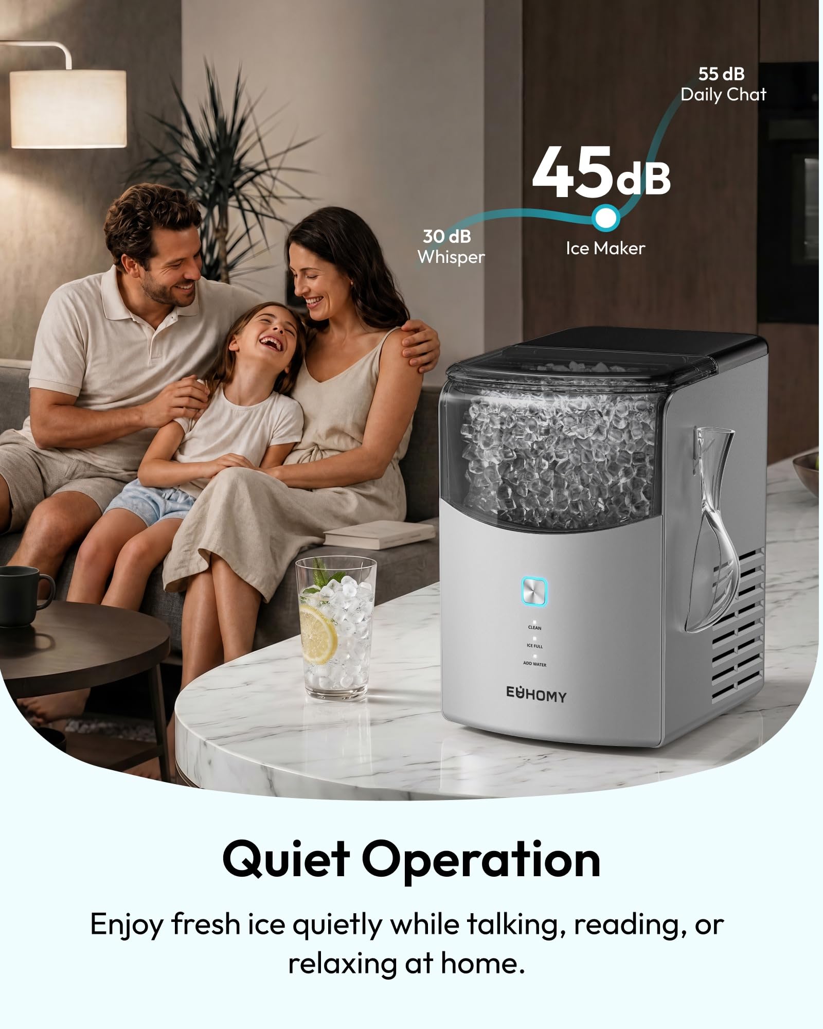 Kismile Nugget Ice Maker Countertop, 33LBS/24H Ice Machine with Soft Chewable Ice, One-Click, Self-Cleaning Function, Stainless Steel Ice Maker with Indicator Lights for Home/Kitchen(Black) thumbnail 13
