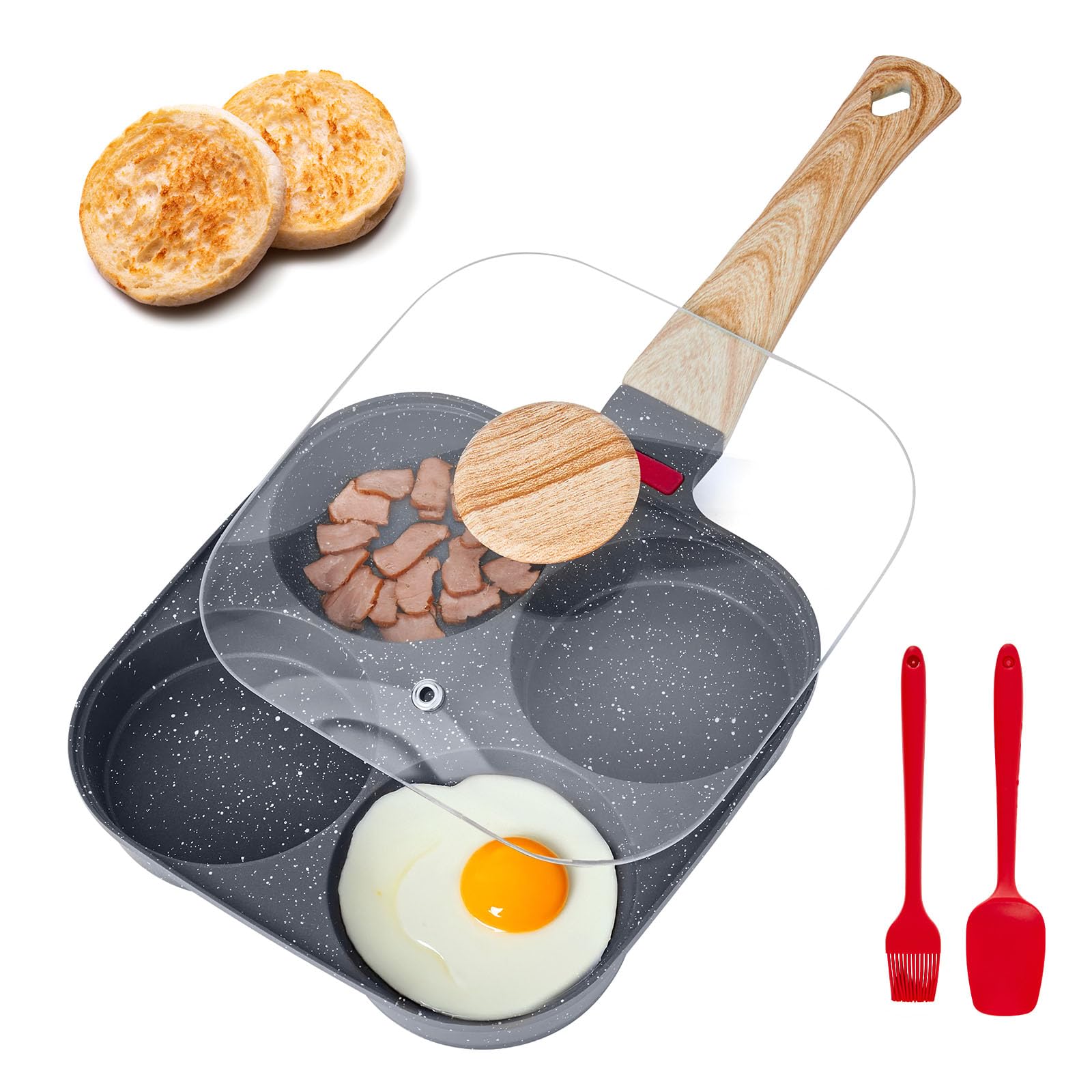 VEVOR Egg Pan, 4-Cup Nonstick Egg Frying Pan, Aluminum Breakfast Omelette Skillet for Pancakes, Hamburgers, Sandwiches, with Lid, Oil Brush, Scraper, Compatible with Gas Stove & Induction Co
