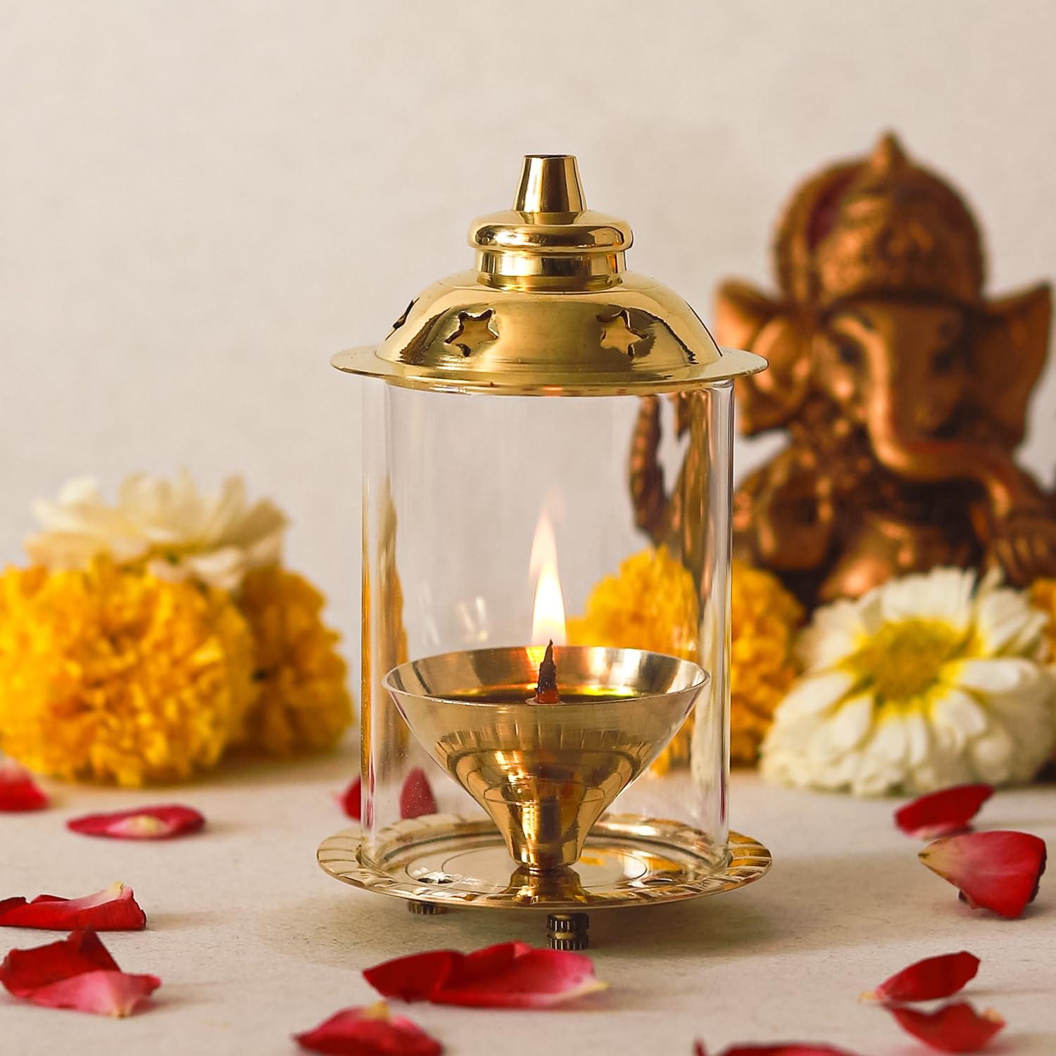 Klassic Akshi Navjyoti 4-Inch Brass Diya with Borosilicate Glass Shade for Home & Mandir, Decorative Brass Oil Lamp Lantern Diya with Glass Cover, Wick Holder and Gold Lid (Pack of 1, Golden)-image-1