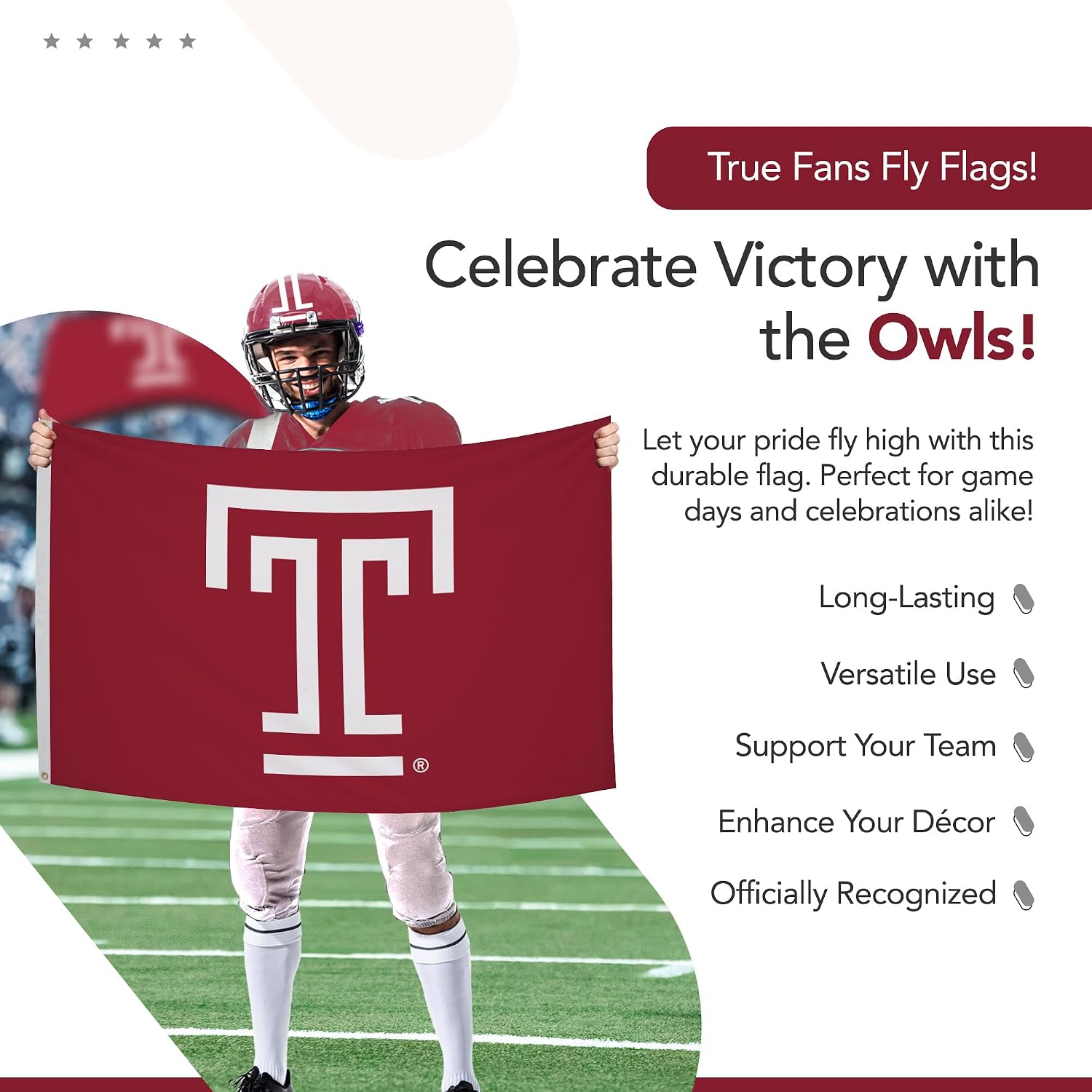 Temple Owls College Sports Printed Flag - NCAA Licensed - Nylon - School Banner (Red, White, Black) (3' x 5')