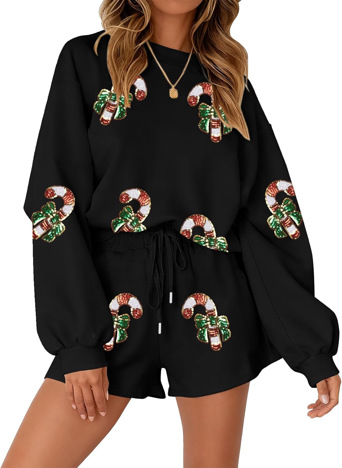 MYHALF Women 2 Piece Outfits Christmas Sweat Shorts Sets 2025 Oversized Casual Lounge Matching Set Sweatsuit with Pockets