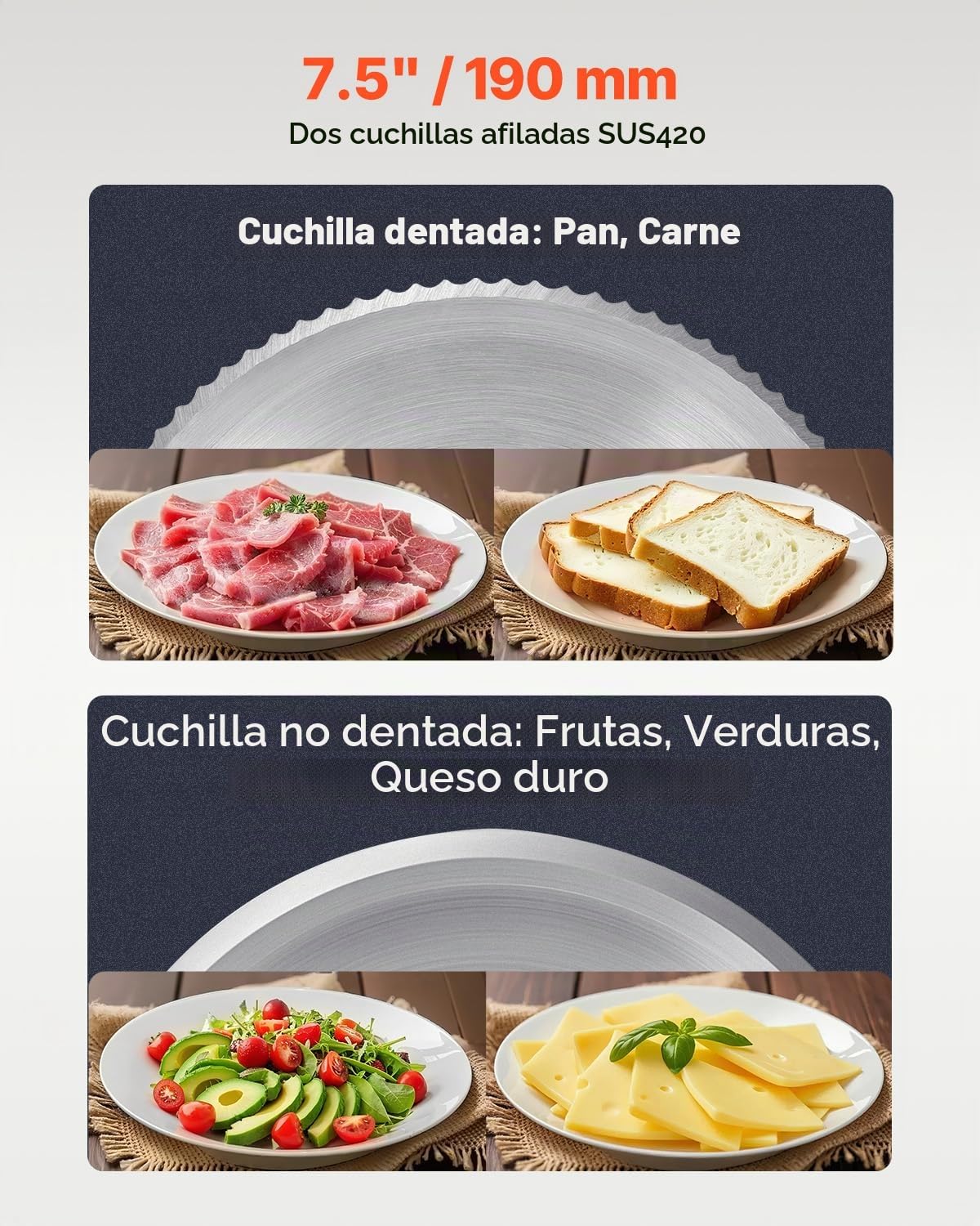 VEVOR Cortadora de Alimentos Eléctrica de 180 W con Dos Cuchillas SUS420 de Primera Calidad, Grosor Ajustable, Máquina Cortadora de Alimentos, Pan Duro y Queso, Uso Doméstico, 390 x 260 x 280 mm