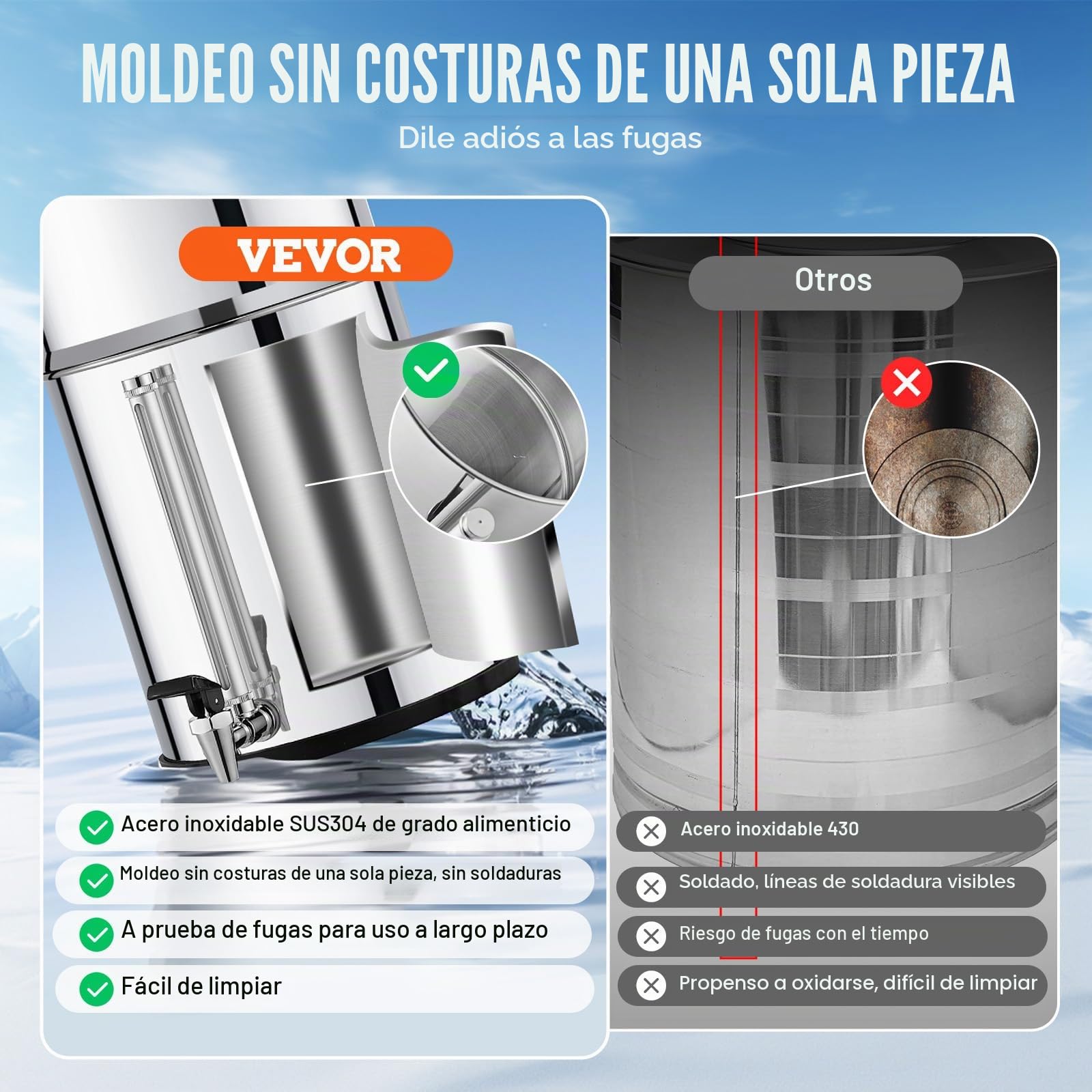 VEVOR Sistema de Filtración de Agua por Gravedad 8,5 L Sistema de Encimera Acero Inoxidable Reduce Plomo y hasta 99% de Cloro con 2 Filtros de Carbón y Grifo Nivel de Agua Visible para Camping