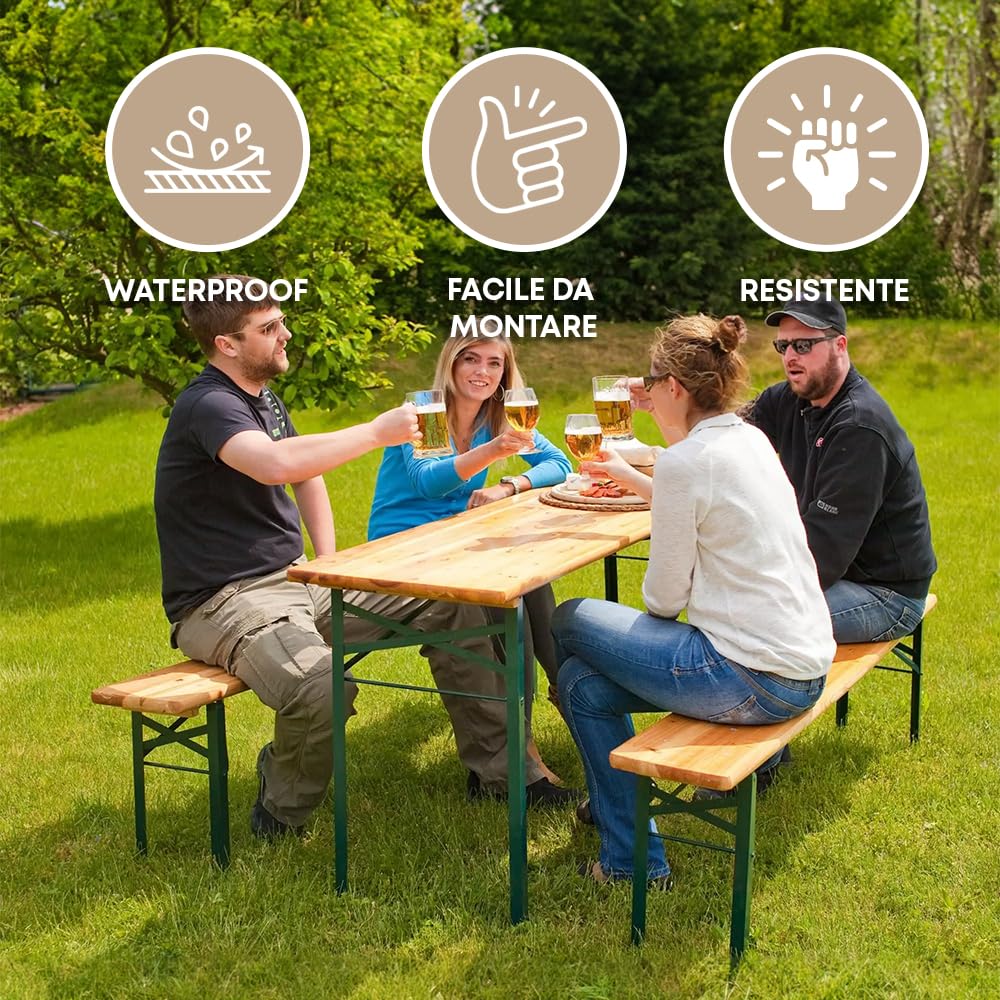 IlGruppone Set Birreria 200 x 70 Cm XL 8 Posti 3 Pezzi 2 Panche 1 Tavolo Pieghevole Panca Richiudibile Feste Giardino Festa Birra Da Feste Legno Abete