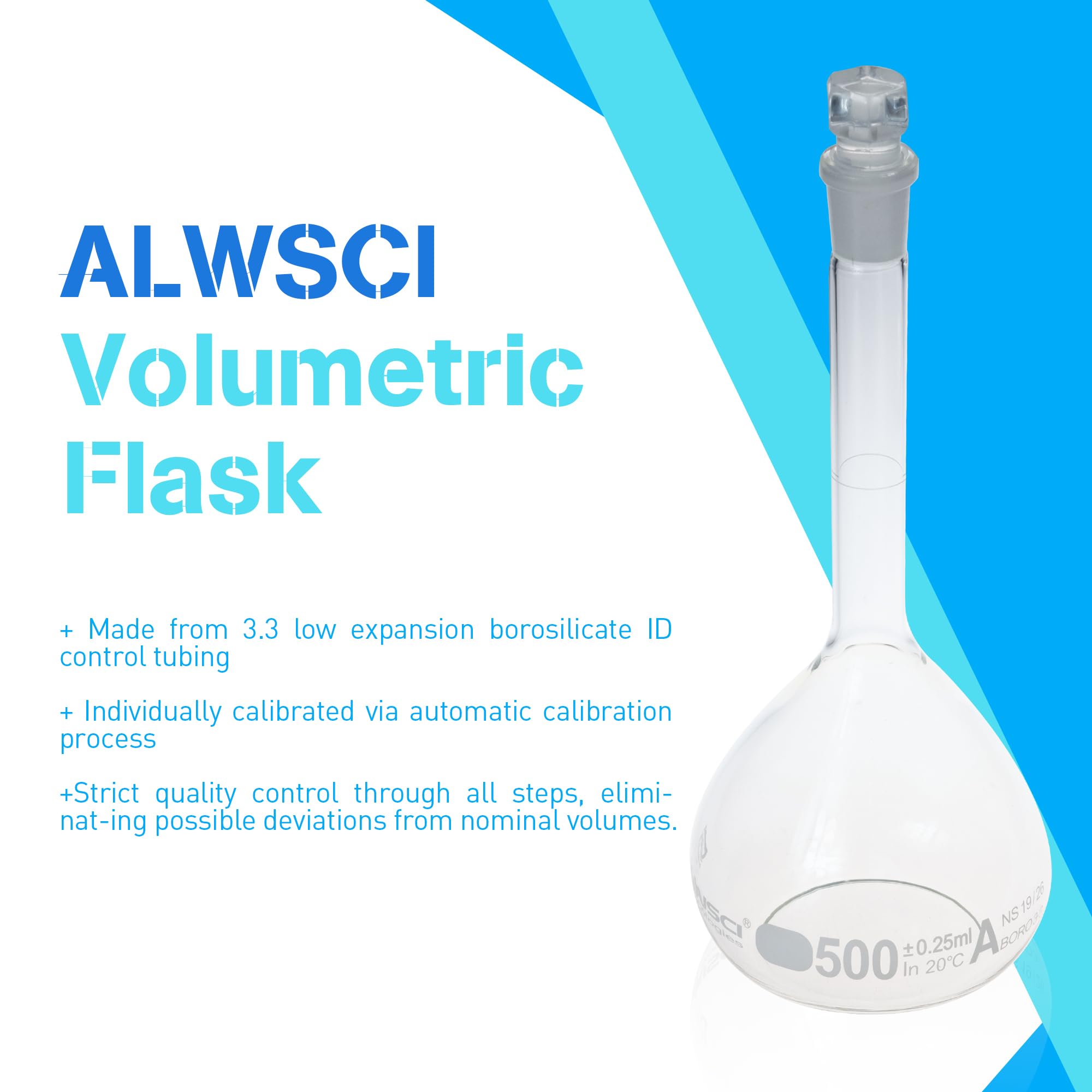 ALWSCI 2 sztuki kolby objętościowe 500 ml, szkło globusowe ze szklaną zatyczką, szkło borokrzemowe 3,3, klasa A, białe stopniowanie, kolby miarowe do laboratorium szkolnego projektu