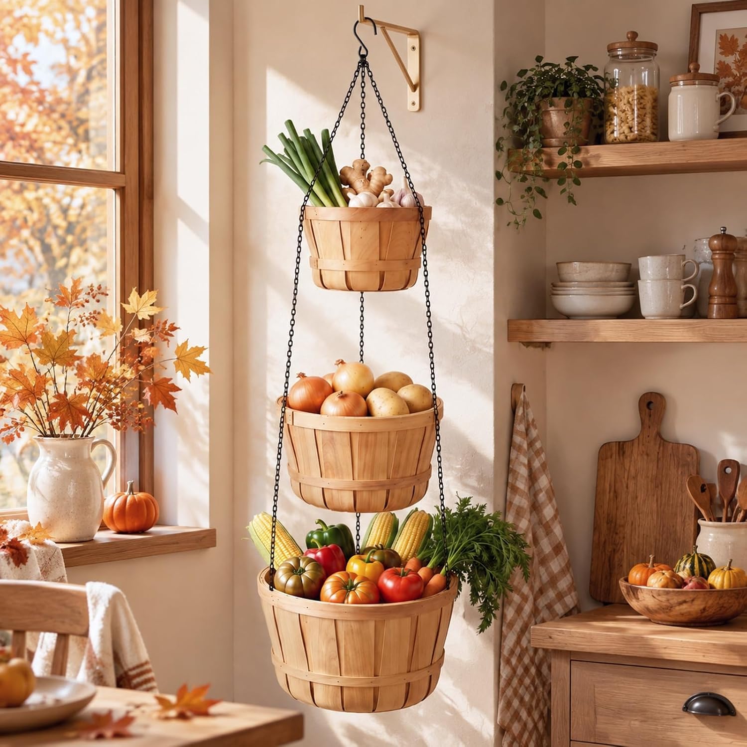 SiliFine 3 Tier Hanging Wooden Fruit Basket for Kitchen with Banana Hook