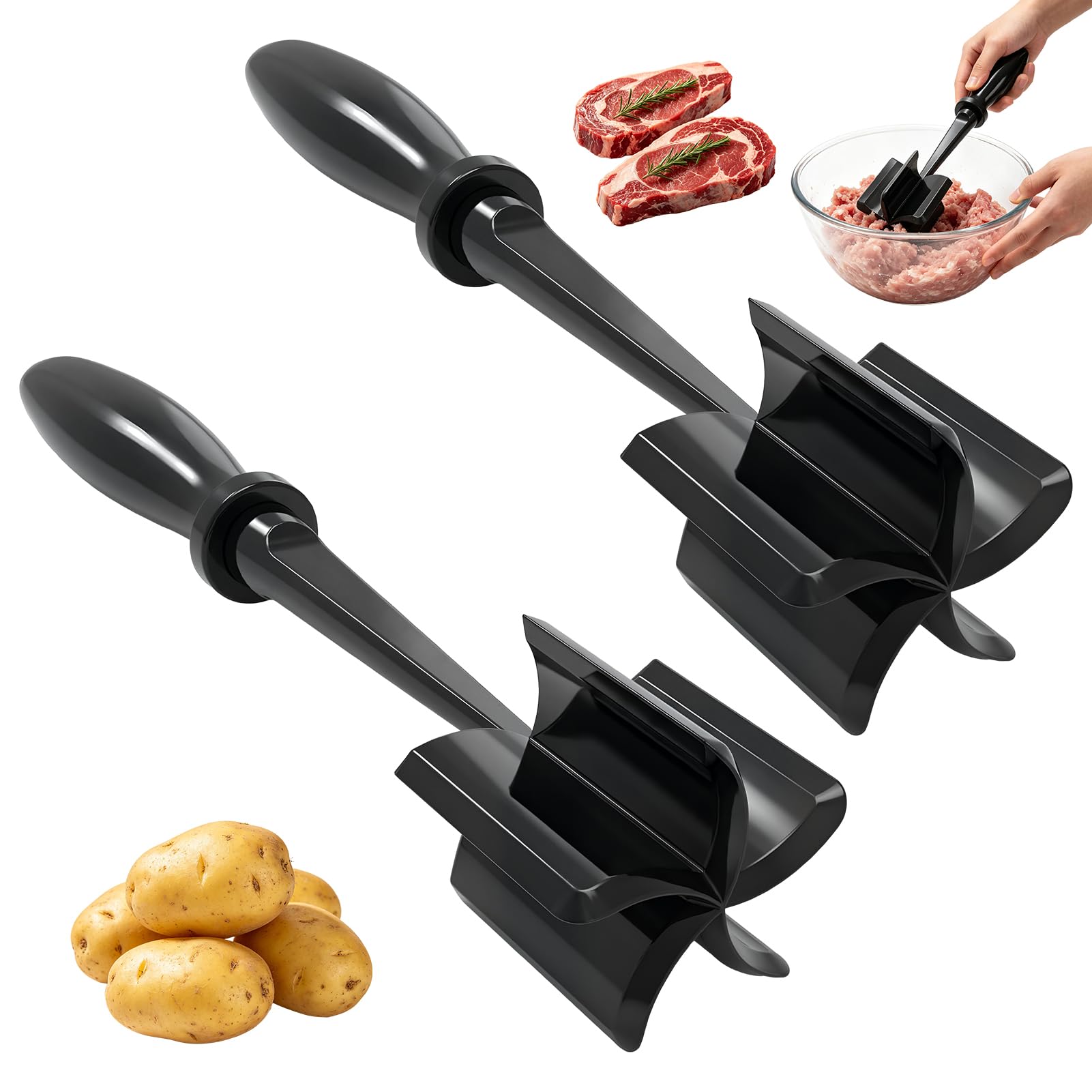 2 Pcs Mince Meat Masher, Meat Chopper with 5-Blade Head, Non Stick Handle Mince Masher, High-Temp Heat-Resistant Meat Masher for Hamburger Meat, Beef, Turkey More, Black