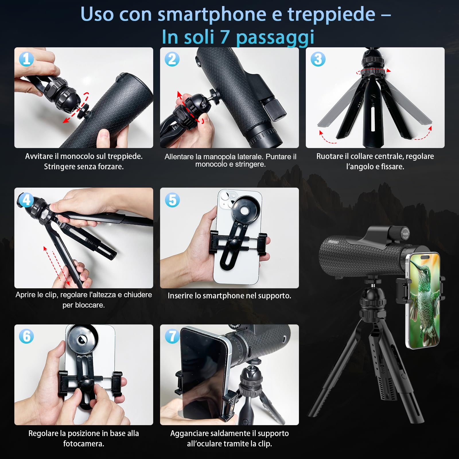 Sogries Monocolo 15x55 con Treppiede e Adattatore Smartphone | Prisma BAK4 e lenti FMC | Obiettivo 55 mm luminoso | Rotazione 360° | Design antiscivolo | Cinturino da polso incluso