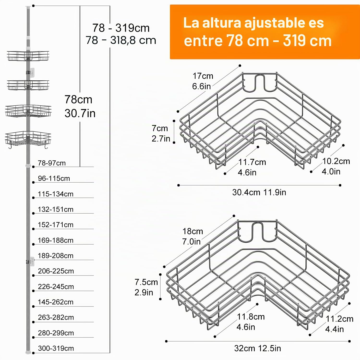 Telescópica Estanteria Ducha, Estante Ducha Esquina Ajustable sin Taladrar, Estantería Baño Metálica con 4 Cestas, Telescopica Estanteria de Ducha para Baño, 78-319cm, Gris