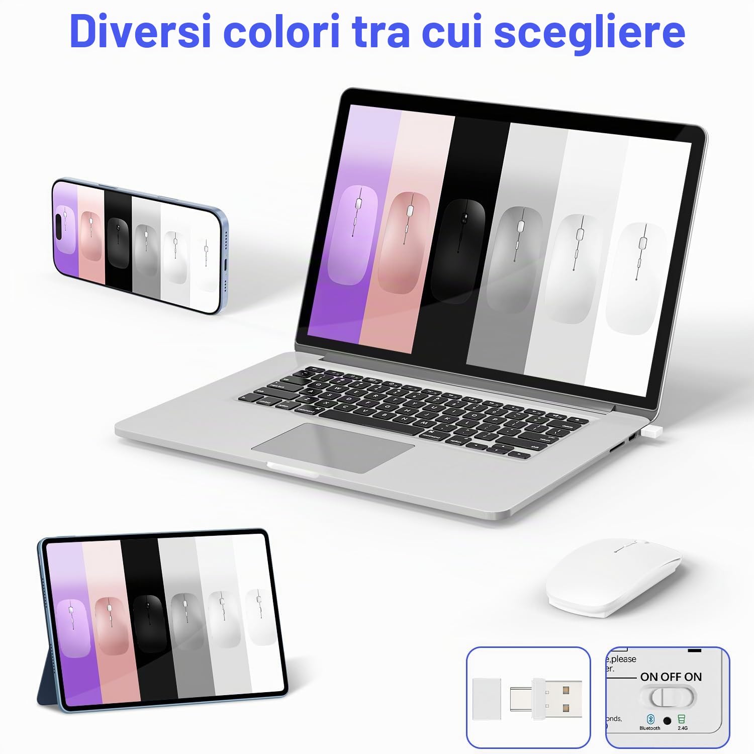 Mouse Wireless Bluetooth 5.2/3.0 + 2.4G USB-A/C – Ricaricabile USB-C, Click Silenzioso, 3 DPI (800/1200/1600), Jiggler Integrato – per iPad, MacBook, Laptop e PC Windows