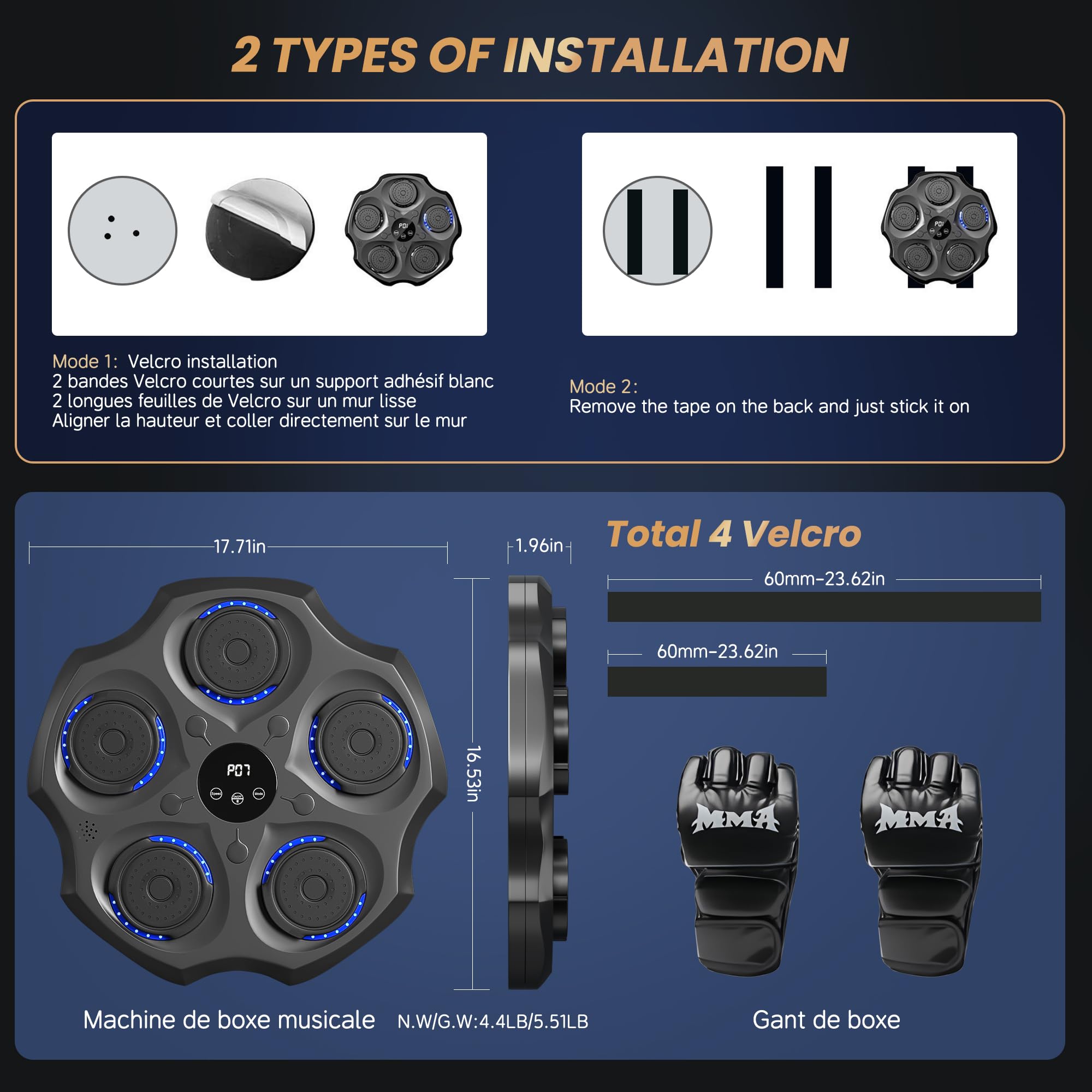 Machine de Boxe Mural Musique - Music Boxing Machine Adulte Punching Ball, Beatpunch de Sac de Frappe Jeu Musicale Cible, 9 Modes, Vitesse, Bluetooth avec MMA Gants, Gym Sports Stress Training Kits