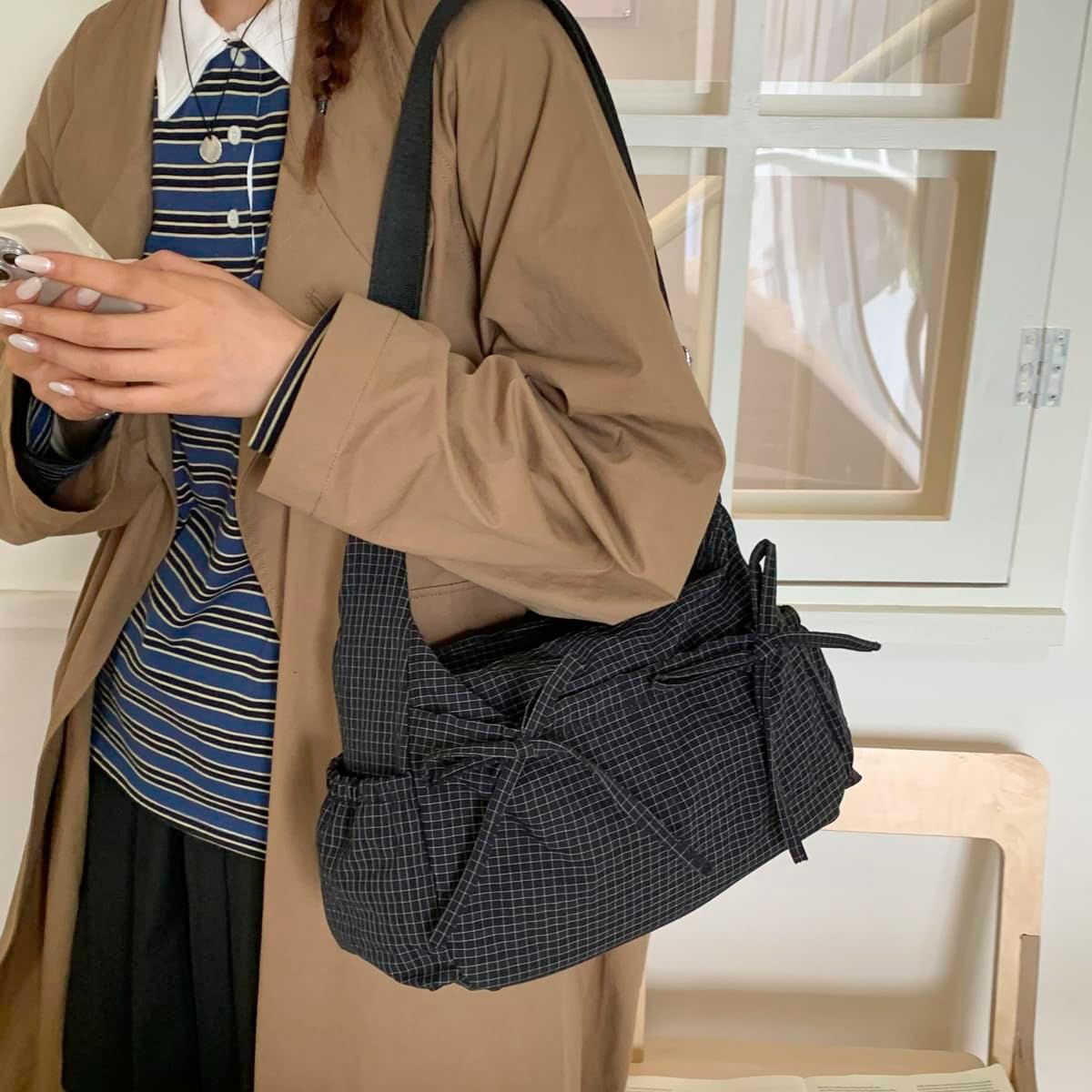 Lushandy Plaid Shoulder Bag Plaid Crossbody Purse Bow Messenger Bag Japanese Style Everyday Bags for College, Travel | Multiple-Pocket, Plaid Bow Design, Lightweight - Image 2