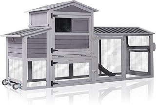 Chicken Coop with Run Large Hen House on Wheels Chicken House Poultry Cage with Nesting Box, Leakproof Pull-Out Tray, Waterproof Roof for 2-4 Chickens (Grey, 80.6" L x 26.6" W x 42.4" H)