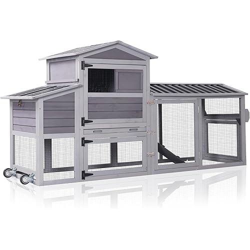 Chicken Coop with Run Large Hen House on Wheels Chicken House Poultry Cage with Nesting Box, Leakproof Pull-Out Tray, Waterproof Roof for 4-6 Chickens (Grey, 80.6" L x 26.6" W x 42.4" H)