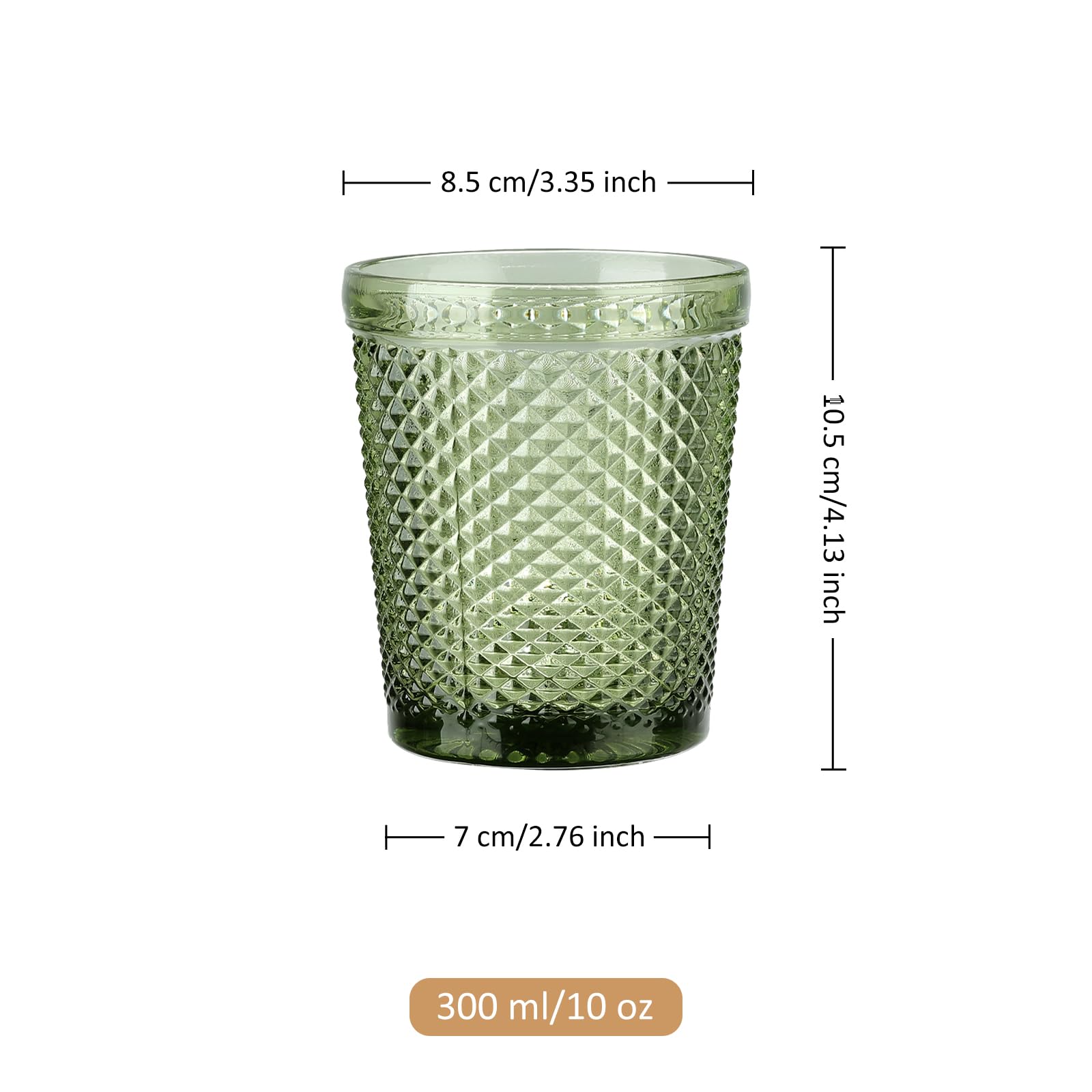 Joeyan 300ml Grün Trinkgläser Set von 6,Bunt Wassergläser Set mit Diamant Relief,Vintage Gläser Set for Zuhause Restaurant Bar,Spülmaschinenfest