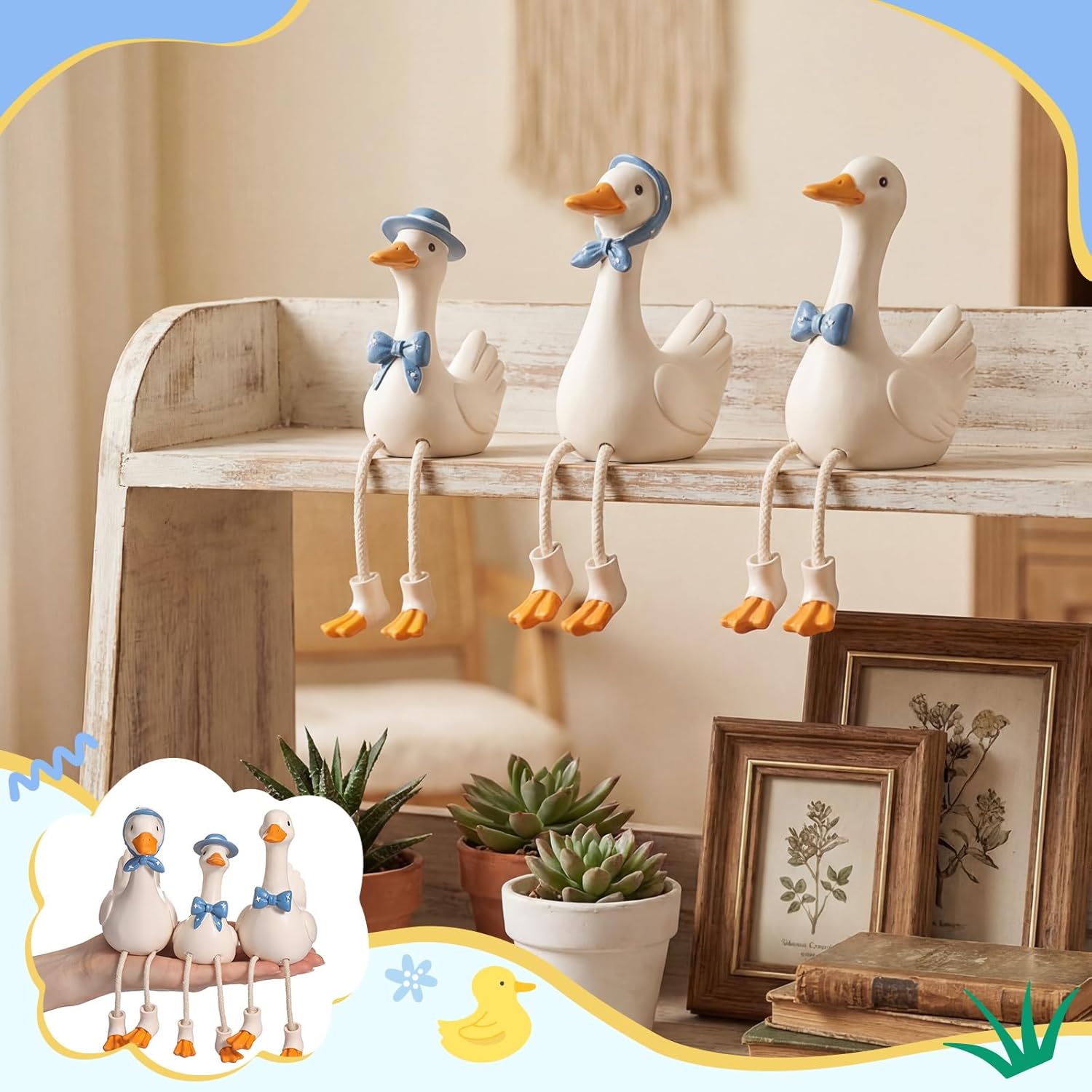 Yookeer 3 Pcs Shelf Sitters with Dangling Legs, 7 Inch Little Resin Goose Family Figurines, Decorative Geese for Home Decor Office Desk Table Decor, Gift for Mothers, Teachers, Friends