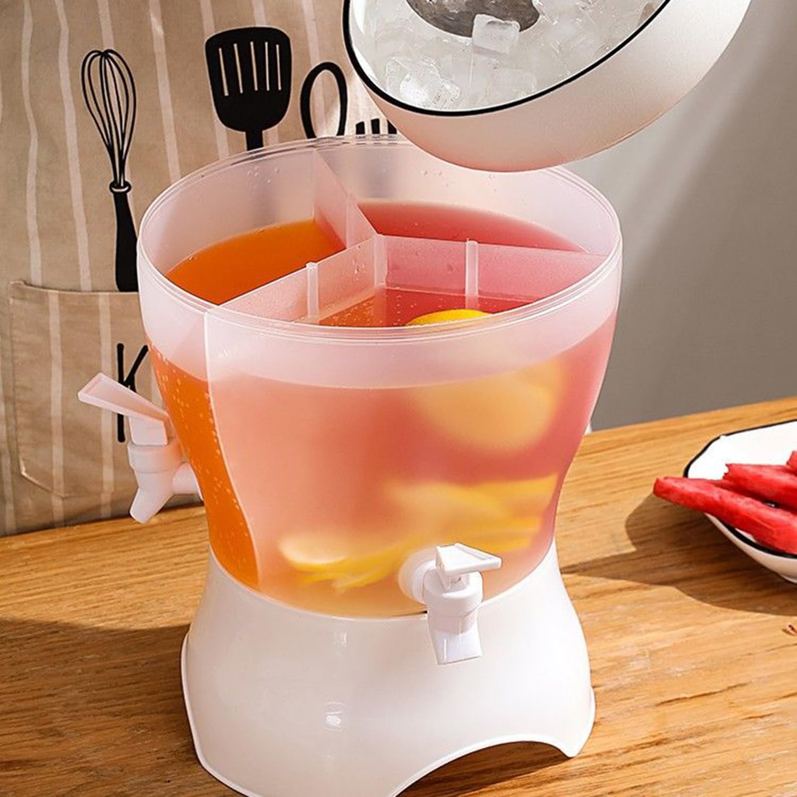 Dispenser per Bevande - Distributore Succo 5.3L per Feste | Caraffa a 3 Scomparti con Rubinetto, Contenitore Rotante Antigoccia per Tè Freddo Limonata Succhi Caffè Freddo