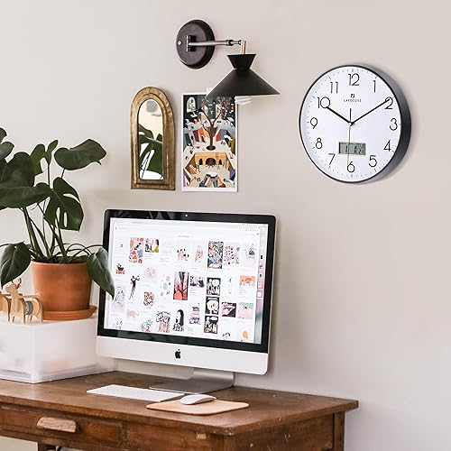 Miniatura 3 de Lafocuse Reloj de pared negro con fecha, mes, día de la semana y temperatura, silencioso sin tictac, funciona con pilas, para decoración de sala de