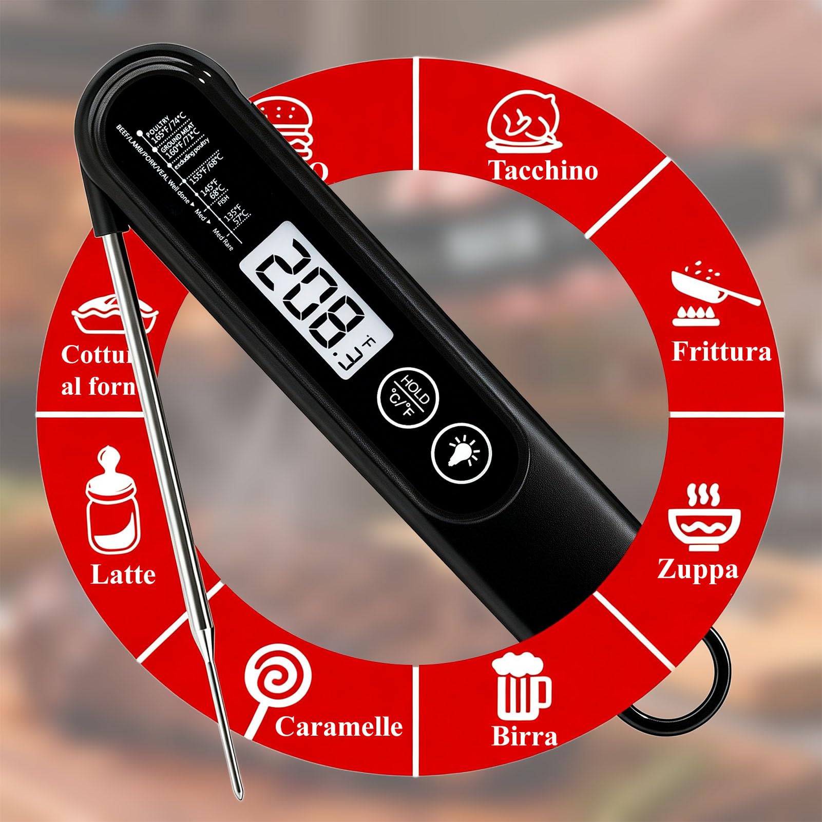 Charmline Termometro di alta precisione, precisione ± 1 °C, termometro per carne, cottura e grigliate, display LCD ad alta risoluzione con retroilluminazione
