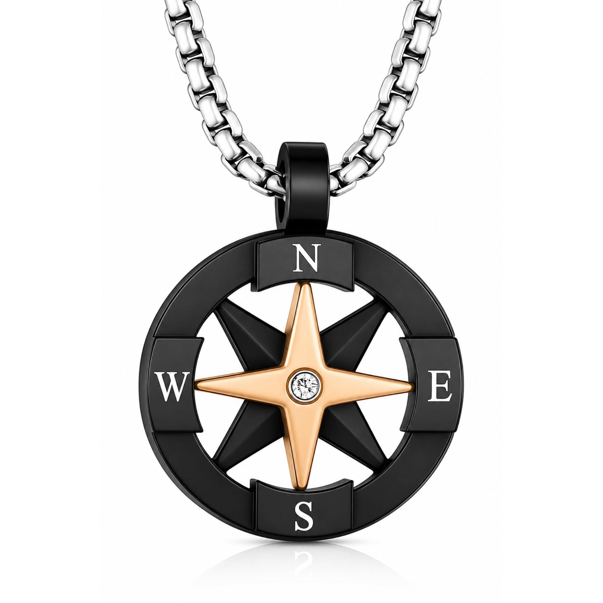 Collana Uomo Rosa dei Venti con Bussola in Acciaio Inox – Ciondolo Nautico con Zircone Bianco – Catena Resistente Vari Colori – Gioiello Uomo Elegante Stile Marino Regalo per Lui