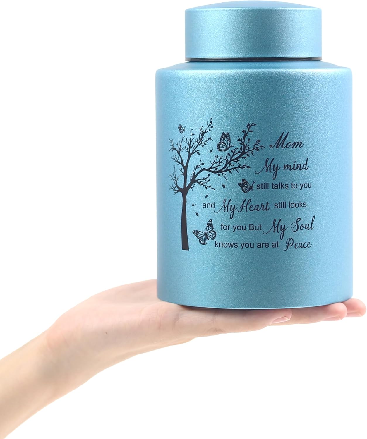 6 Inch Cremation Urn - Stainless Steel Memorial Urn for Human or Pet Ashes, Keepseek Urn Engraved with My Mind Still Talks to You-Mom Keepseek Urn-Blue-Mom