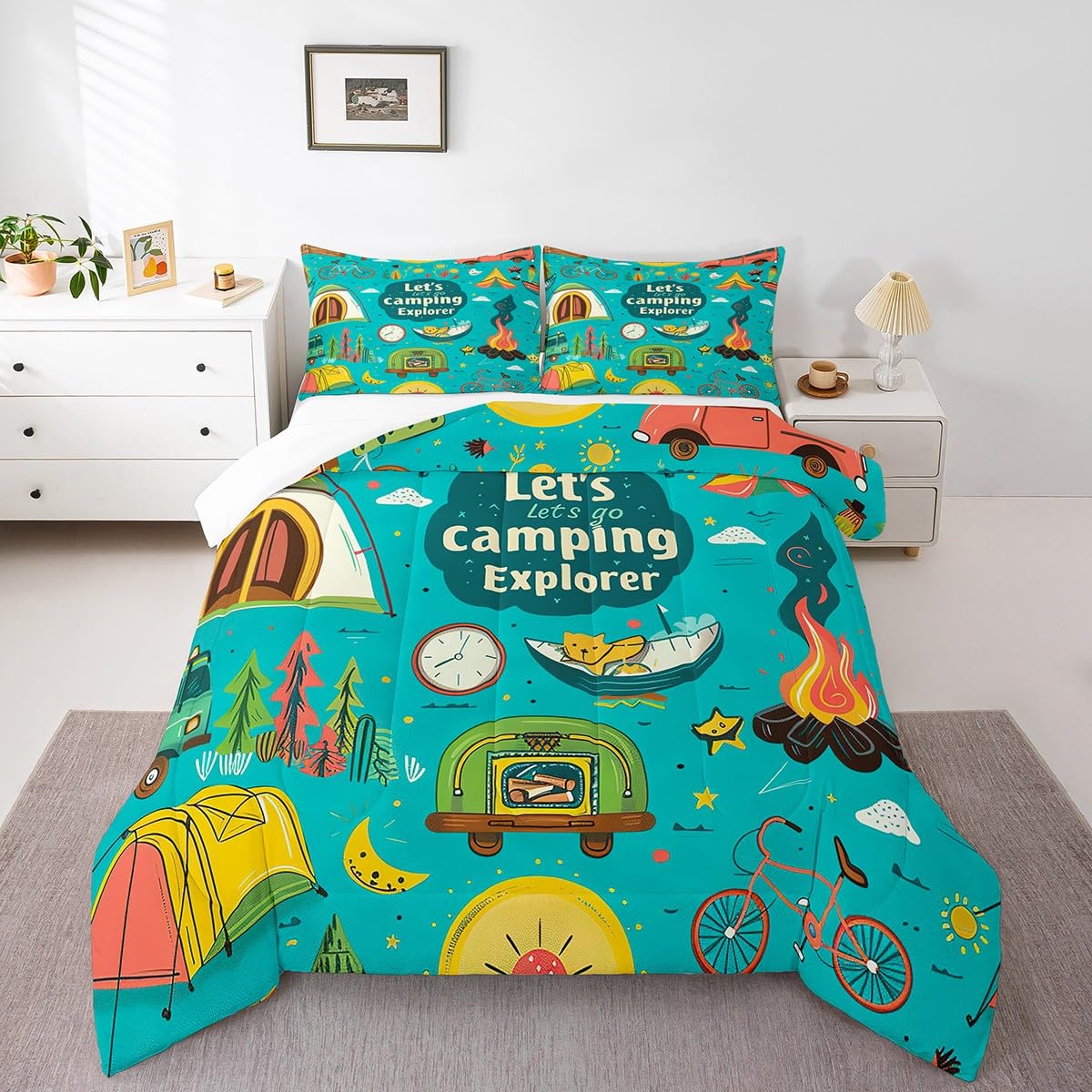 Camper Accessories Comforter Set for Travel Trailers, Happy Camping Bedding Gifts for Kids Boys Girls, I Love Camping Theme Bedding Comforter Sets