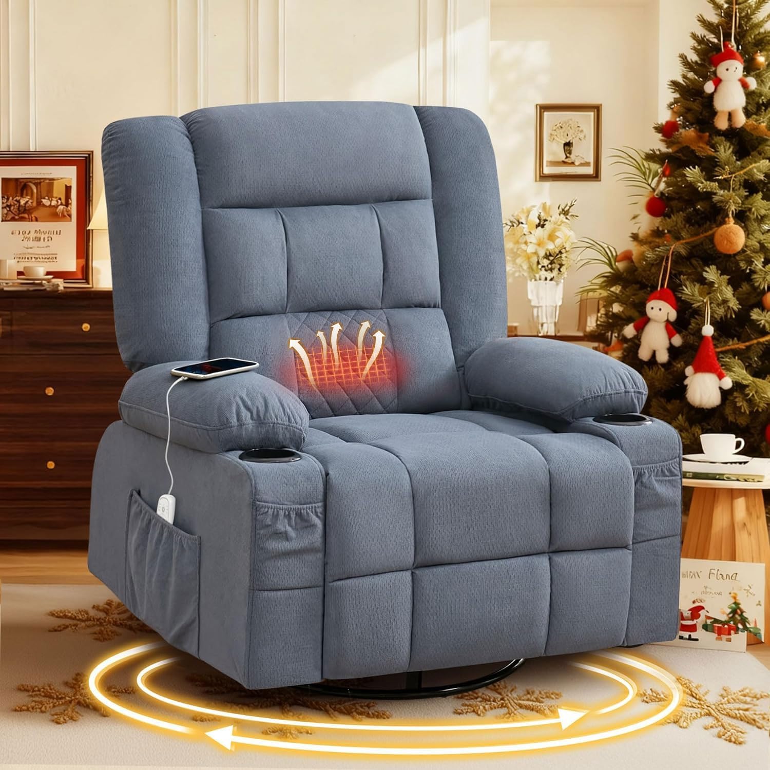 MAHOMICO Oversized Massage Swivel Recliner Chair with 4-Point 3D Kneading Massage and Heat for Living Room with Rocking Function 2 Cup Holders, USB Charge Port