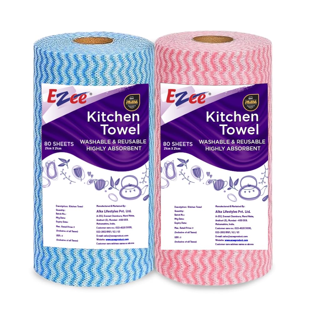 Ezee Non-Woven Reusable & Washable Kitchen Towel - 100 Times Washable | Soft & Highly Absorbent | Better Alternative to Dishcloth, Paper Roll/Paper Towel | 80 Pulls (Blue & Pink, 80 Pulls, pack of 2)-image-44