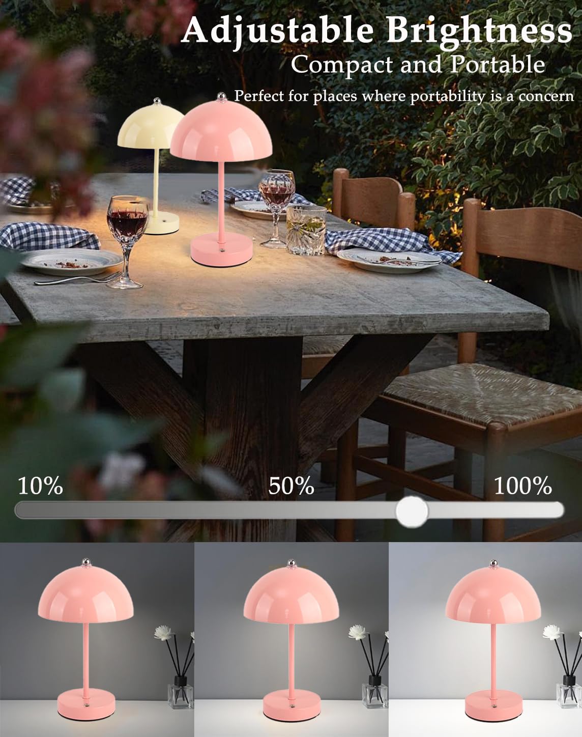 Kabellose Tischlampe Pilz Touchsteuerung Aufladbar, 3 Farbtemperaturen Dimmbare LED Nachttischlampe mit 1800mAh Akku, Bunte Macaron Deko Tischleuchte für Schlafzimmer Camping Bar Wohnzimmer,Rosa