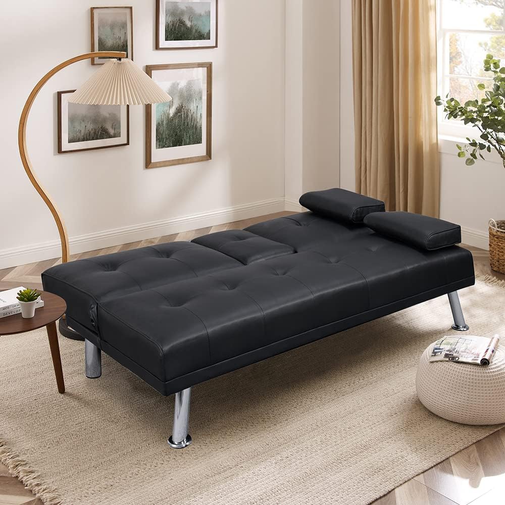 Faux Leather Upholstered Modern Convertible Folding Futon Sofa Bed for Compact Living Space, Apartment, Dorm, Bonus Room/Removable Armrests, Metal Legs, 2 Cupholders (Black)