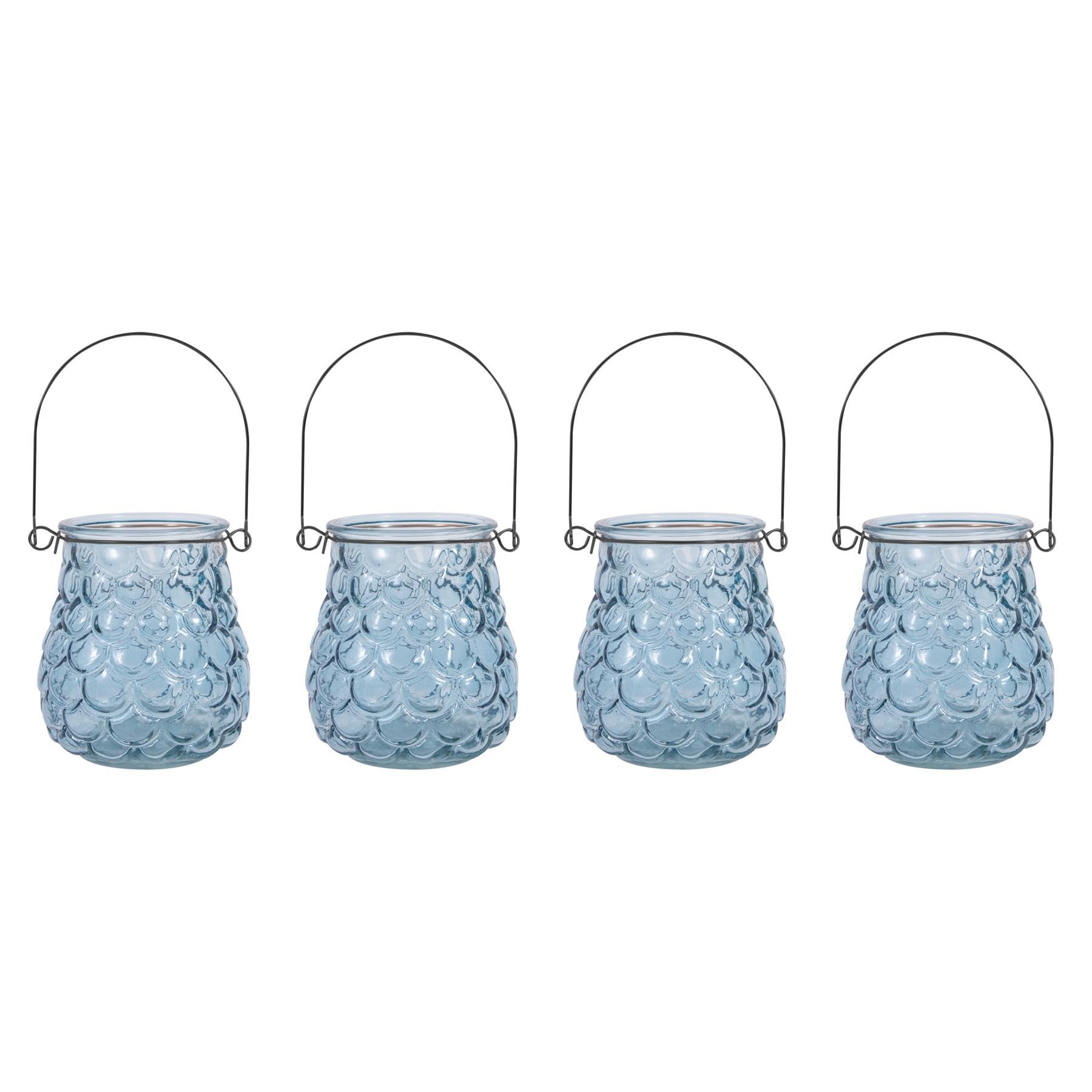 YöL Pack of 4 Embossed Glass Hanging Tea Light Candle Holders Summer Garden Table Decor Votive Jar