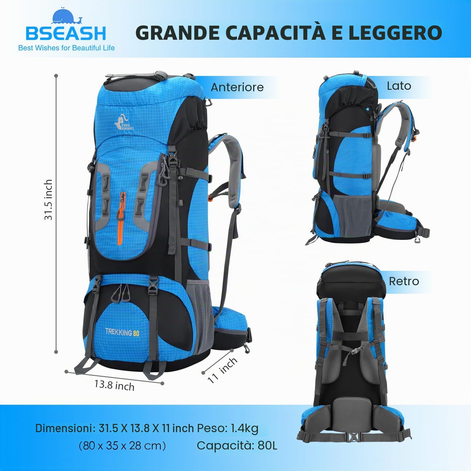 Bseash Zaino da campeggio impermeabile da 80 litri con copertura antipioggia, zaino leggero da viaggio per sport all'aria aperta per arrampicata