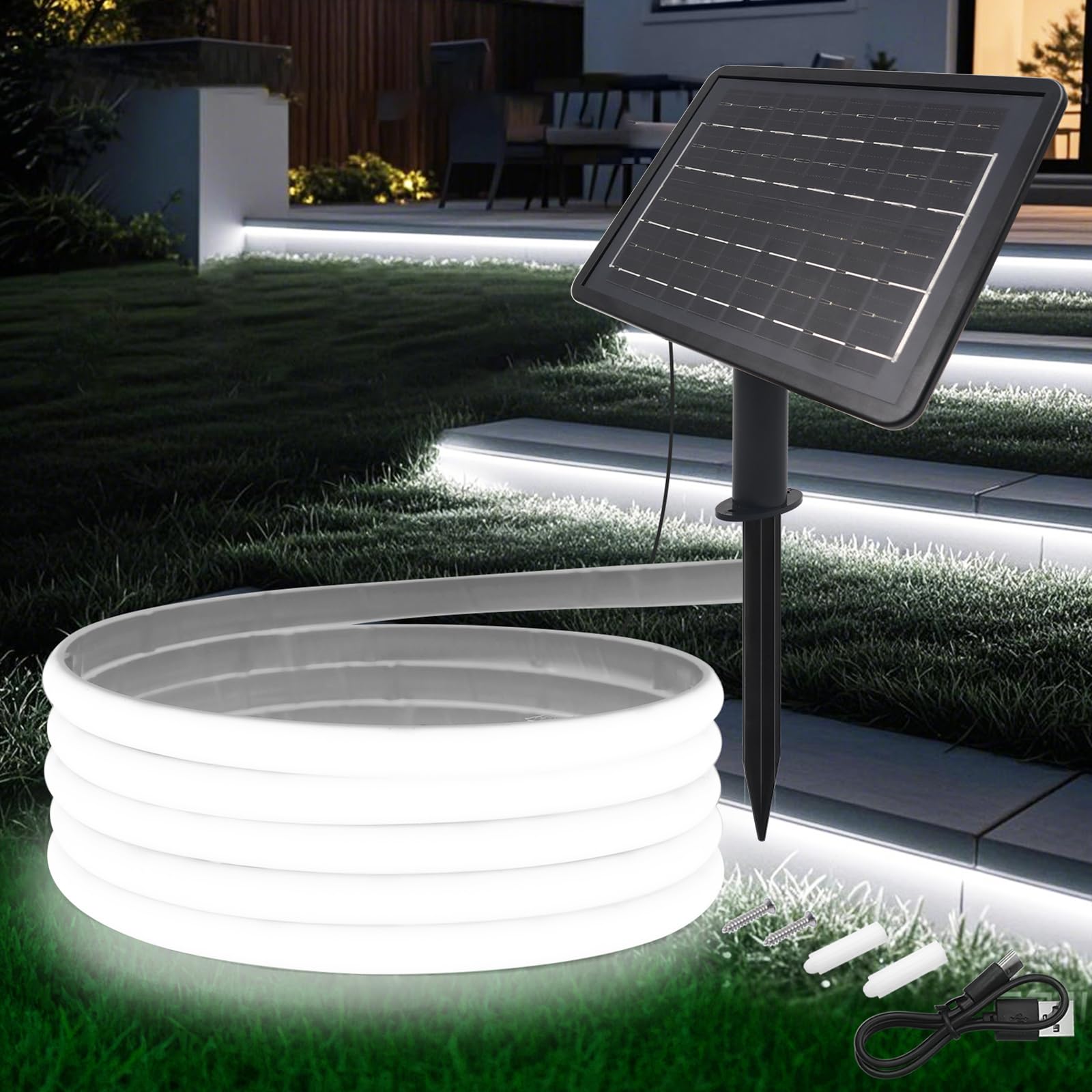 KAFULA 24V COB LED Solar Strip [2m,White 6000-6500K], 1200MAH Solar Panel Controller, 8 Modes, IP68 Waterproof Flexible FCOB LED Neon Strip, Bedroom Garden Corridor Decoration — image 1