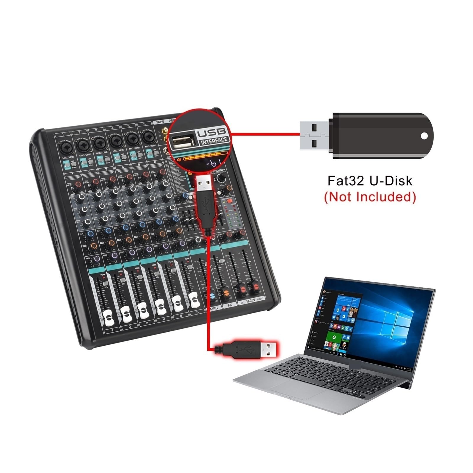 Audiomixer, 6 Mono-Kanal-Mischpult-Monitor Low Cut 99 DSP-Effekt-PAD Audio-Sound-Mixer 7-Band-EQ USB-Aufnahme für Studio-Karaoke