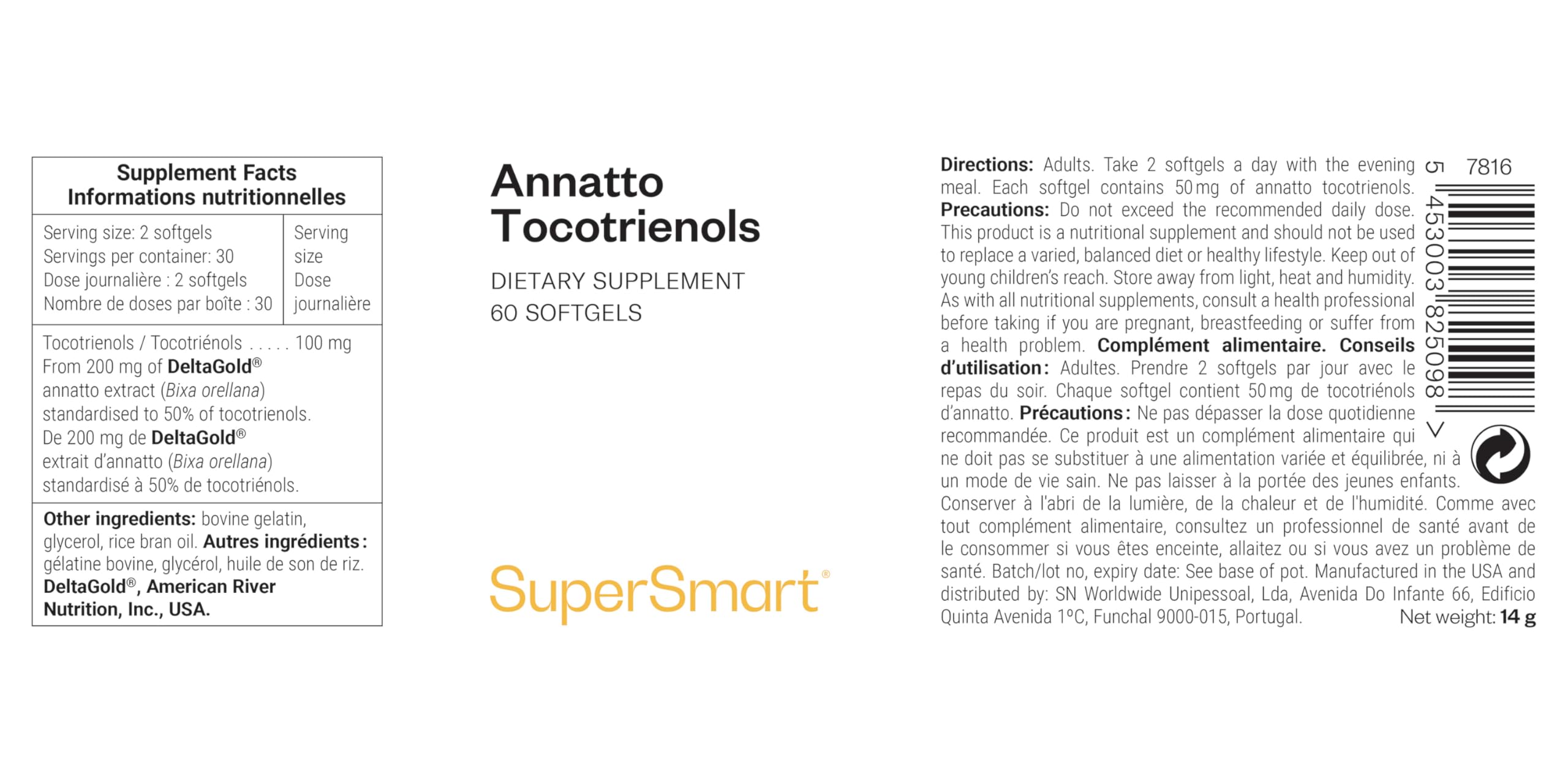 Annatto Tocotrienols - La Plus Grande Source Naturelle de Vitamine E - Contribue à la Protection de Toutes les Cellules Contre le Stress Oxydatif - Sans OGM - Sans Gluten - Supersmart