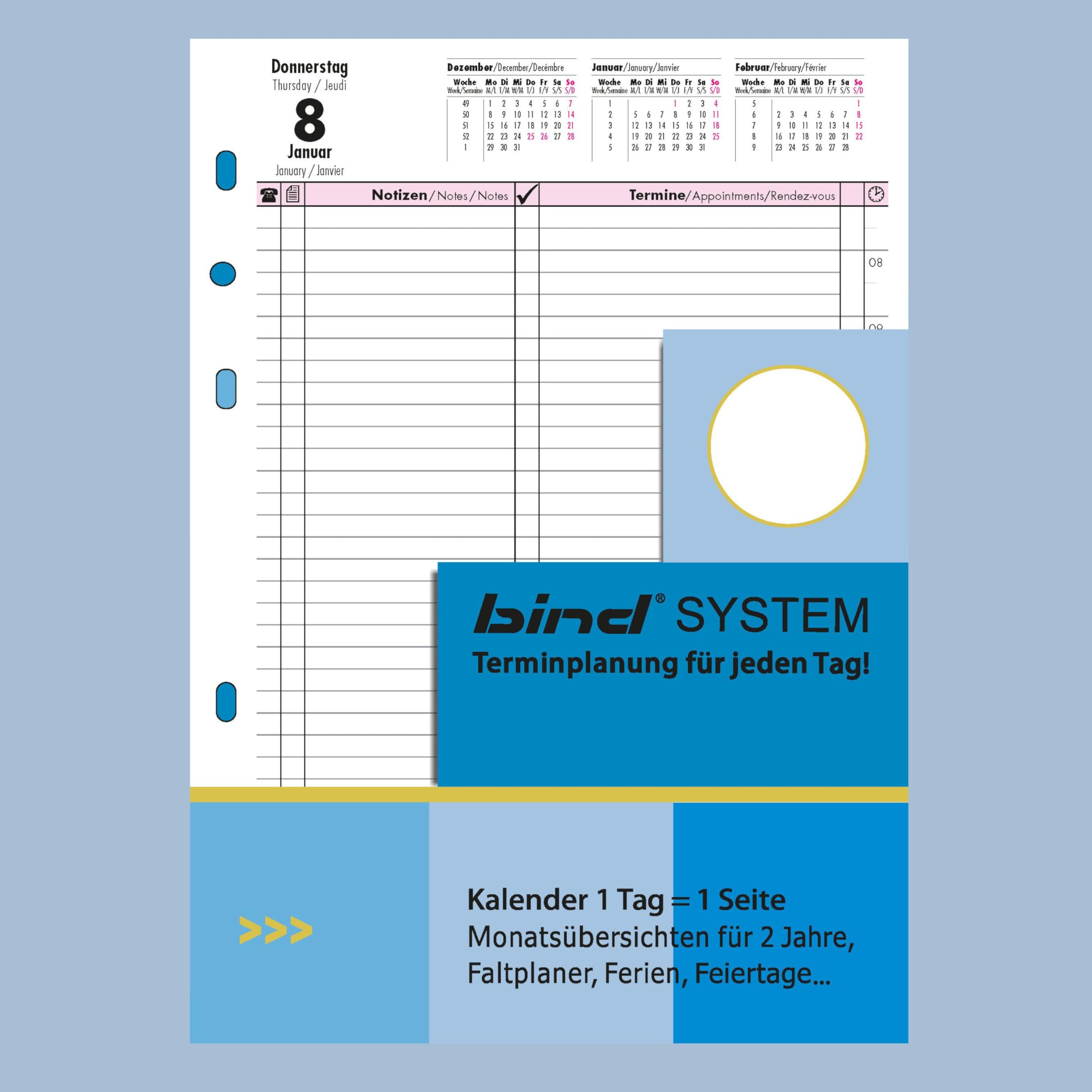 bind 10111 - Planer systemowy A6, organizer ze skóry nappa, terminarz w kolorze czarnym, teczka na kalendarz ok. 19 x 14 x 4 cm, teczka z wkładką systemową z kalendarzem 1 dzień = 1 strona, teczka