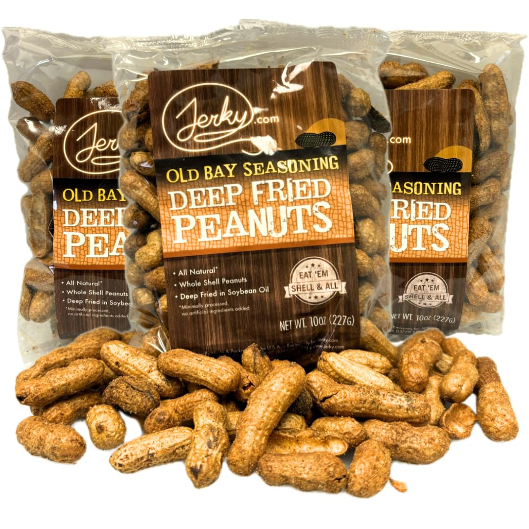 Jerky.com Old Bay Seasoned Peanuts in Shell 3 PACK - Deep Fried Peanuts in Shell - Roasted Peanuts for Human - USA Grown, Ultimate Spicy Gourmet Gift