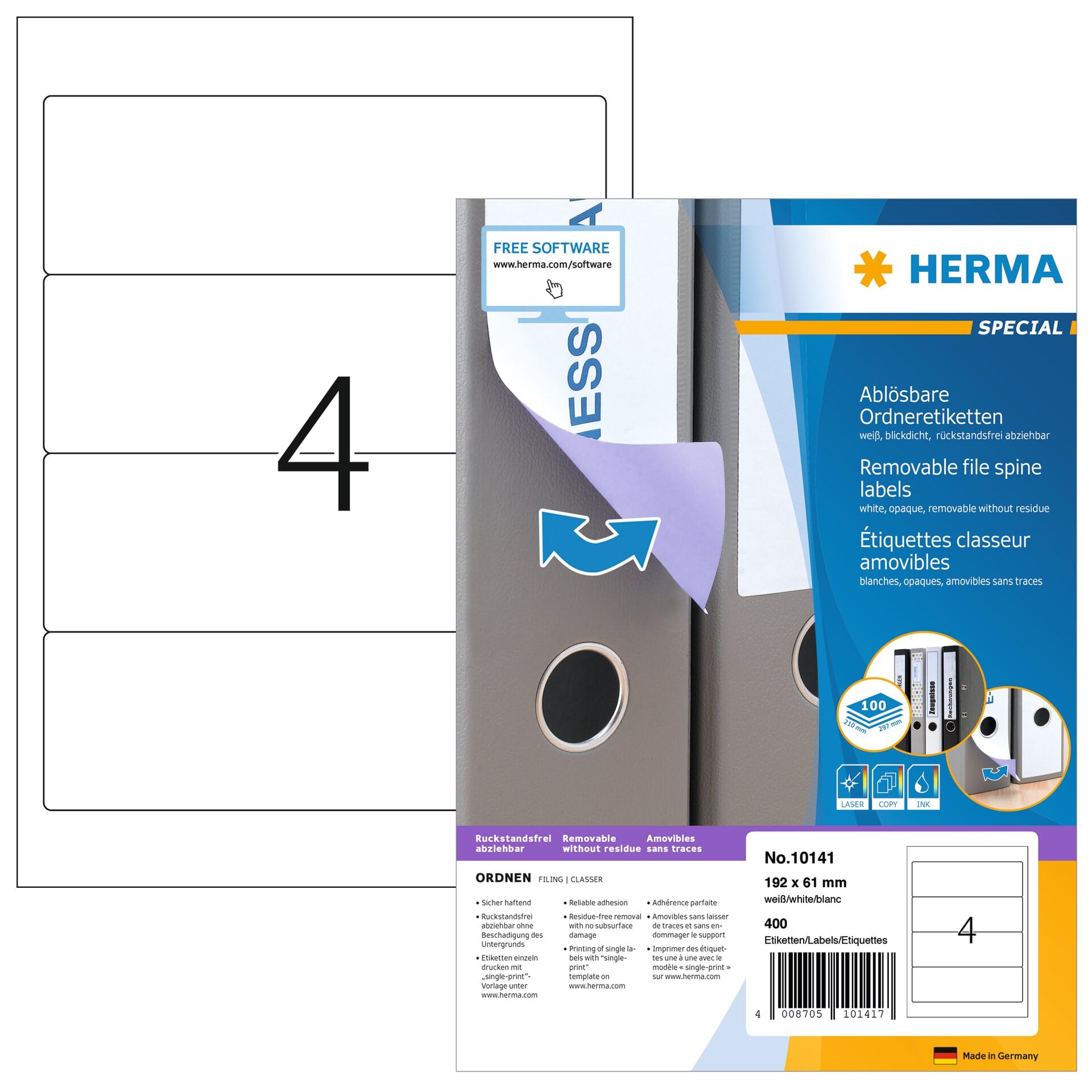 HERMA 10141 Ordnerrücken Etiketten ablösbar kurz breit, 100 Blatt, 192 x 61 mm, 400 Stück, selbstklebend, bedruckbar, blickdicht, Papier, weiß