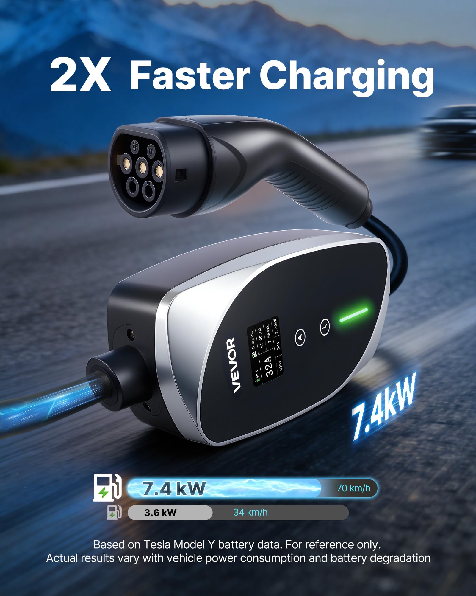 VEVOR Chargeur Voiture Électrique 7,4 KW Borne de Recharge Véhicule Électrique Mobile 32 A avec Câble Recharge Type 2 6 m, Prise CEE 32 A Monophasé, Écran LCD, Courant Réglable, Boîtier Commande IP66